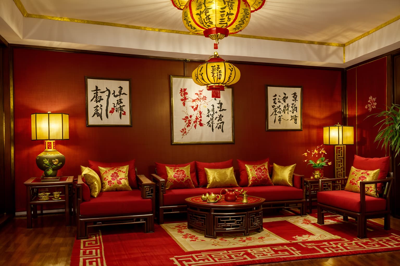 chinese new year-style (living room interior) with plant and occasional tables and televisions and furniture and electric lamps and coffee tables and rug and chairs. . with gold ingots and door couplets and vases of plum blossoms and orchids and chinese red lanterns and fai chun banners and red and gold tassels and red fabric & pillows and paper cuttings. . cinematic photo, highly detailed, cinematic lighting, ultra-detailed, ultrarealistic, photorealism, 8k. chinese new year interior design style. masterpiece, cinematic light, ultrarealistic+, photorealistic+, 8k, raw photo, realistic, sharp focus on eyes, (symmetrical eyes), (intact eyes), hyperrealistic, highest quality, best quality, , highly detailed, masterpiece, best quality, extremely detailed 8k wallpaper, masterpiece, best quality, ultra-detailed, best shadow, detailed background, detailed face, detailed eyes, high contrast, best illumination, detailed face, dulux, caustic, dynamic angle, detailed glow. dramatic lighting. highly detailed, insanely detailed hair, symmetrical, intricate details, professionally retouched, 8k high definition. strong bokeh. award winning photo.