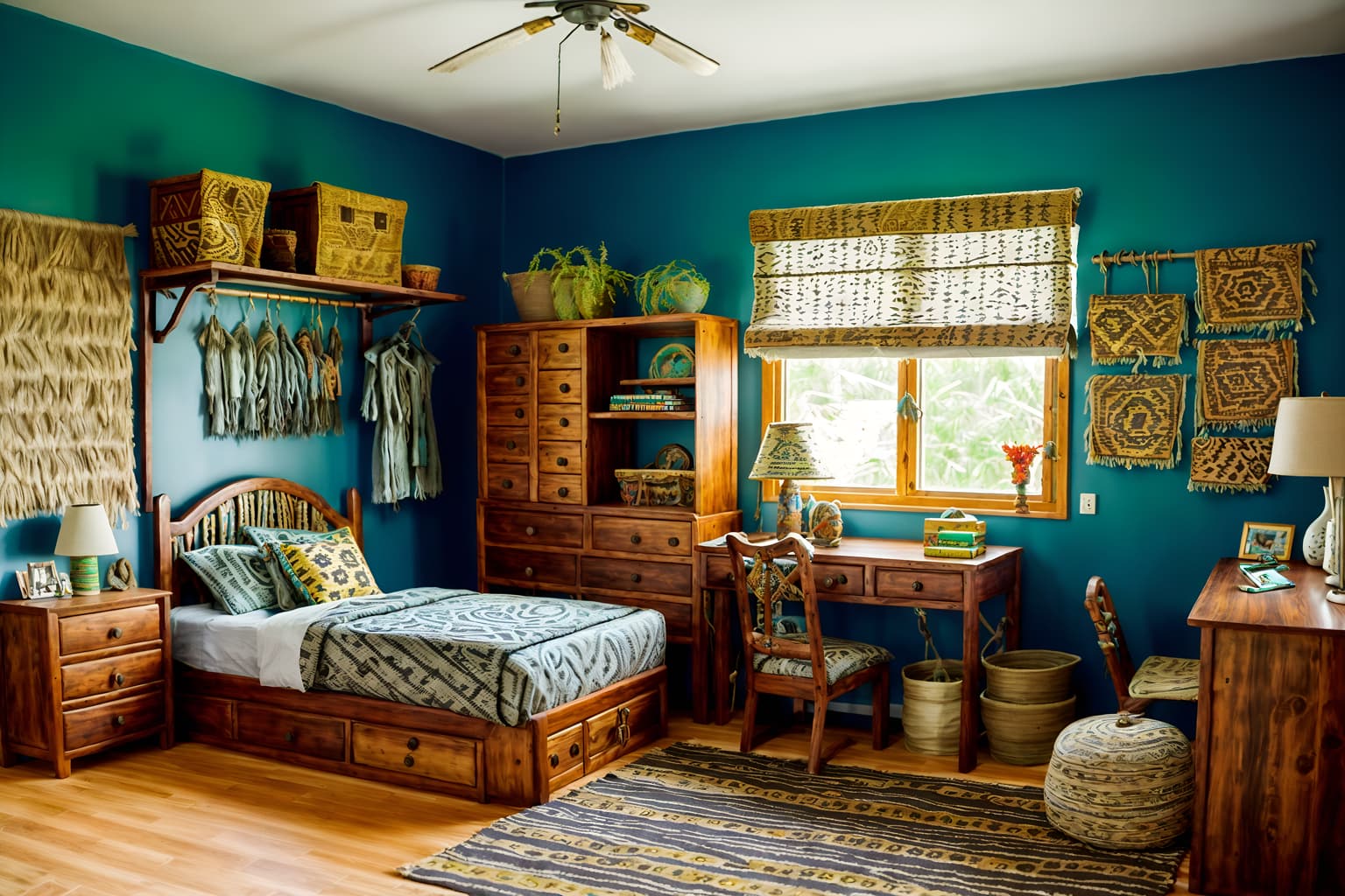 tribal-style (kids room interior) with storage bench or ottoman and dresser closet and kids desk and headboard and bedside table or night stand and plant and mirror and night light. . with planks of stone and animal prints and smooth worn timbers and exuberant splashes of colour and tribal revival and hand dyed batik fabrics and intricate grass weaving and desert colours. . cinematic photo, highly detailed, cinematic lighting, ultra-detailed, ultrarealistic, photorealism, 8k. tribal interior design style. masterpiece, cinematic light, ultrarealistic+, photorealistic+, 8k, raw photo, realistic, sharp focus on eyes, (symmetrical eyes), (intact eyes), hyperrealistic, highest quality, best quality, , highly detailed, masterpiece, best quality, extremely detailed 8k wallpaper, masterpiece, best quality, ultra-detailed, best shadow, detailed background, detailed face, detailed eyes, high contrast, best illumination, detailed face, dulux, caustic, dynamic angle, detailed glow. dramatic lighting. highly detailed, insanely detailed hair, symmetrical, intricate details, professionally retouched, 8k high definition. strong bokeh. award winning photo.