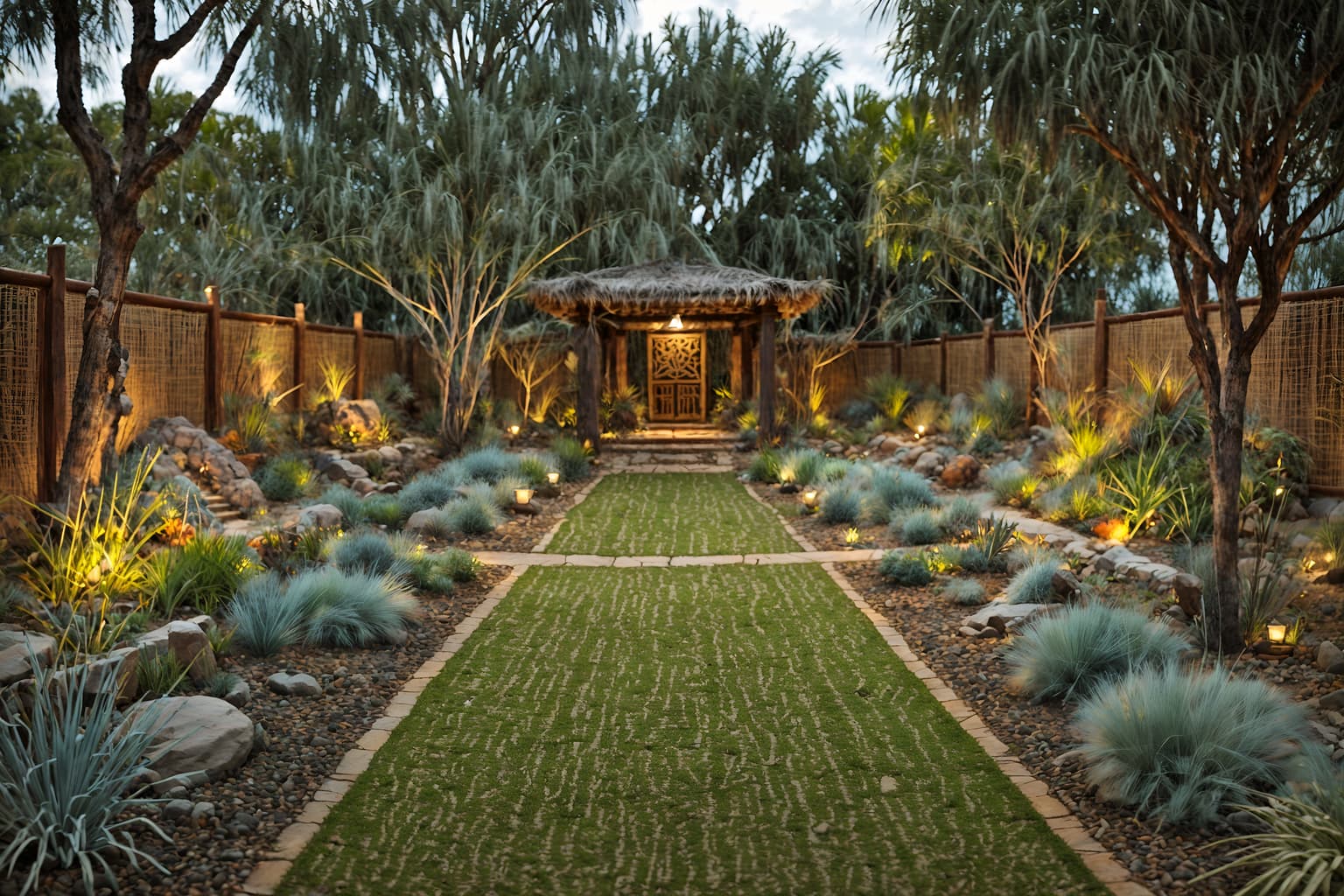 tribal-style designed (outdoor garden ) with grass and garden plants and garden tree and grass. . with intricate grass weaving and desert colours and hand dyed batik fabrics and animal furslinen and tribal patterns and smooth worn timbers and sculptures and artworks and tribal revival. . cinematic photo, highly detailed, cinematic lighting, ultra-detailed, ultrarealistic, photorealism, 8k. tribal design style. masterpiece, cinematic light, ultrarealistic+, photorealistic+, 8k, raw photo, realistic, sharp focus on eyes, (symmetrical eyes), (intact eyes), hyperrealistic, highest quality, best quality, , highly detailed, masterpiece, best quality, extremely detailed 8k wallpaper, masterpiece, best quality, ultra-detailed, best shadow, detailed background, detailed face, detailed eyes, high contrast, best illumination, detailed face, dulux, caustic, dynamic angle, detailed glow. dramatic lighting. highly detailed, insanely detailed hair, symmetrical, intricate details, professionally retouched, 8k high definition. strong bokeh. award winning photo.