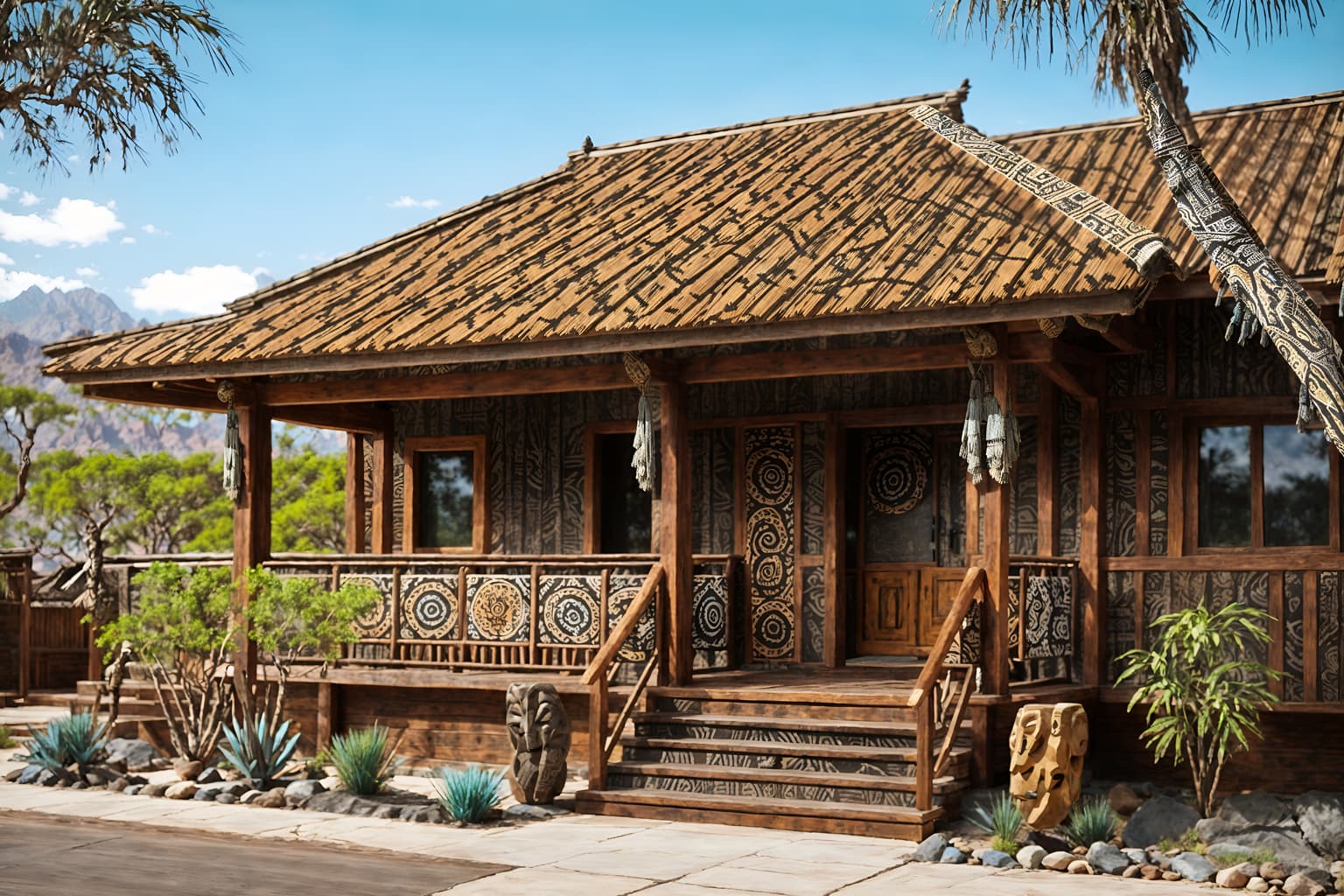 tribal-style exterior designed (house exterior exterior) . with exuberant splashes of colour and animal prints and smooth worn timbers and sculptures and artworks and tribal patterns and planks of stone and hand dyed batik fabrics and desert colours. . cinematic photo, highly detailed, cinematic lighting, ultra-detailed, ultrarealistic, photorealism, 8k. tribal exterior design style. masterpiece, cinematic light, ultrarealistic+, photorealistic+, 8k, raw photo, realistic, sharp focus on eyes, (symmetrical eyes), (intact eyes), hyperrealistic, highest quality, best quality, , highly detailed, masterpiece, best quality, extremely detailed 8k wallpaper, masterpiece, best quality, ultra-detailed, best shadow, detailed background, detailed face, detailed eyes, high contrast, best illumination, detailed face, dulux, caustic, dynamic angle, detailed glow. dramatic lighting. highly detailed, insanely detailed hair, symmetrical, intricate details, professionally retouched, 8k high definition. strong bokeh. award winning photo.