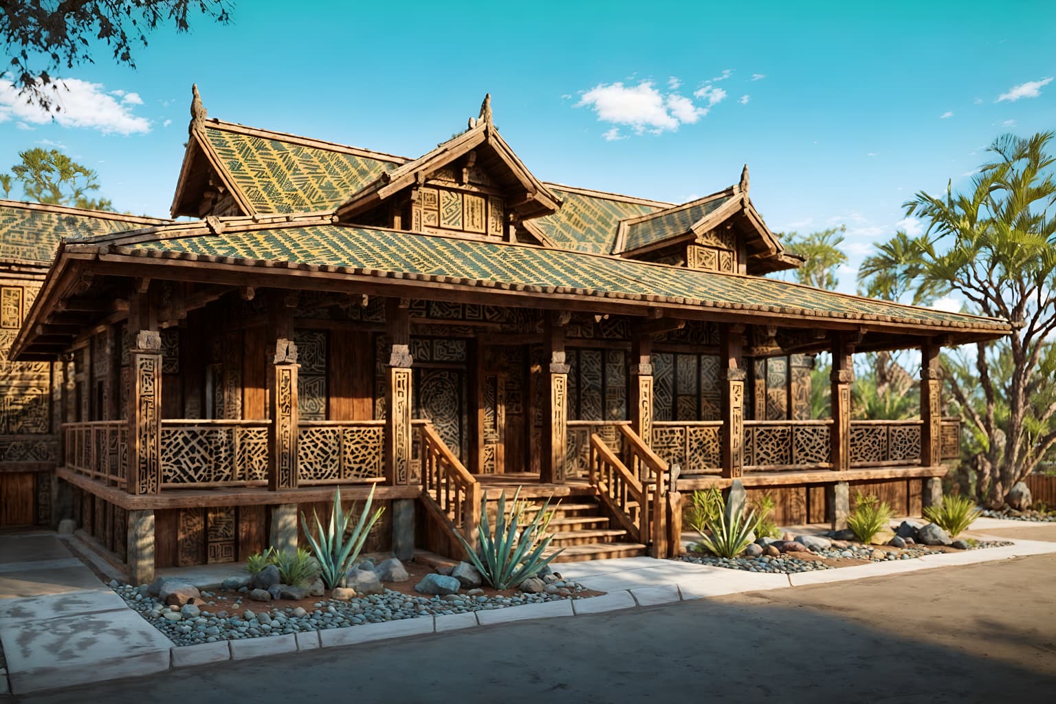 tribal-style exterior designed (house exterior exterior) . with exuberant splashes of colour and animal prints and smooth worn timbers and sculptures and artworks and tribal patterns and planks of stone and hand dyed batik fabrics and desert colours. . cinematic photo, highly detailed, cinematic lighting, ultra-detailed, ultrarealistic, photorealism, 8k. tribal exterior design style. masterpiece, cinematic light, ultrarealistic+, photorealistic+, 8k, raw photo, realistic, sharp focus on eyes, (symmetrical eyes), (intact eyes), hyperrealistic, highest quality, best quality, , highly detailed, masterpiece, best quality, extremely detailed 8k wallpaper, masterpiece, best quality, ultra-detailed, best shadow, detailed background, detailed face, detailed eyes, high contrast, best illumination, detailed face, dulux, caustic, dynamic angle, detailed glow. dramatic lighting. highly detailed, insanely detailed hair, symmetrical, intricate details, professionally retouched, 8k high definition. strong bokeh. award winning photo.