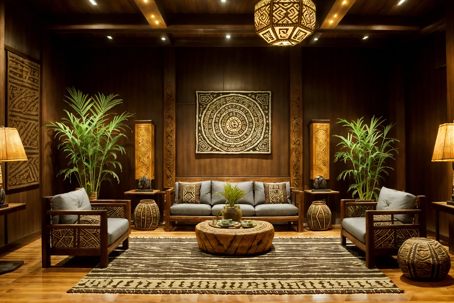 tribal-style (hotel lobby interior) with hanging lamps and sofas and check in desk and furniture and coffee tables and plant and rug and lounge chairs. . with sculptures and artworks and tribal patterns and intricate grass weaving and smooth worn timbers and desert colours and tribal revival and animal prints and planks of stone. . cinematic photo, highly detailed, cinematic lighting, ultra-detailed, ultrarealistic, photorealism, 8k. tribal interior design style. masterpiece, cinematic light, ultrarealistic+, photorealistic+, 8k, raw photo, realistic, sharp focus on eyes, (symmetrical eyes), (intact eyes), hyperrealistic, highest quality, best quality, , highly detailed, masterpiece, best quality, extremely detailed 8k wallpaper, masterpiece, best quality, ultra-detailed, best shadow, detailed background, detailed face, detailed eyes, high contrast, best illumination, detailed face, dulux, caustic, dynamic angle, detailed glow. dramatic lighting. highly detailed, insanely detailed hair, symmetrical, intricate details, professionally retouched, 8k high definition. strong bokeh. award winning photo.