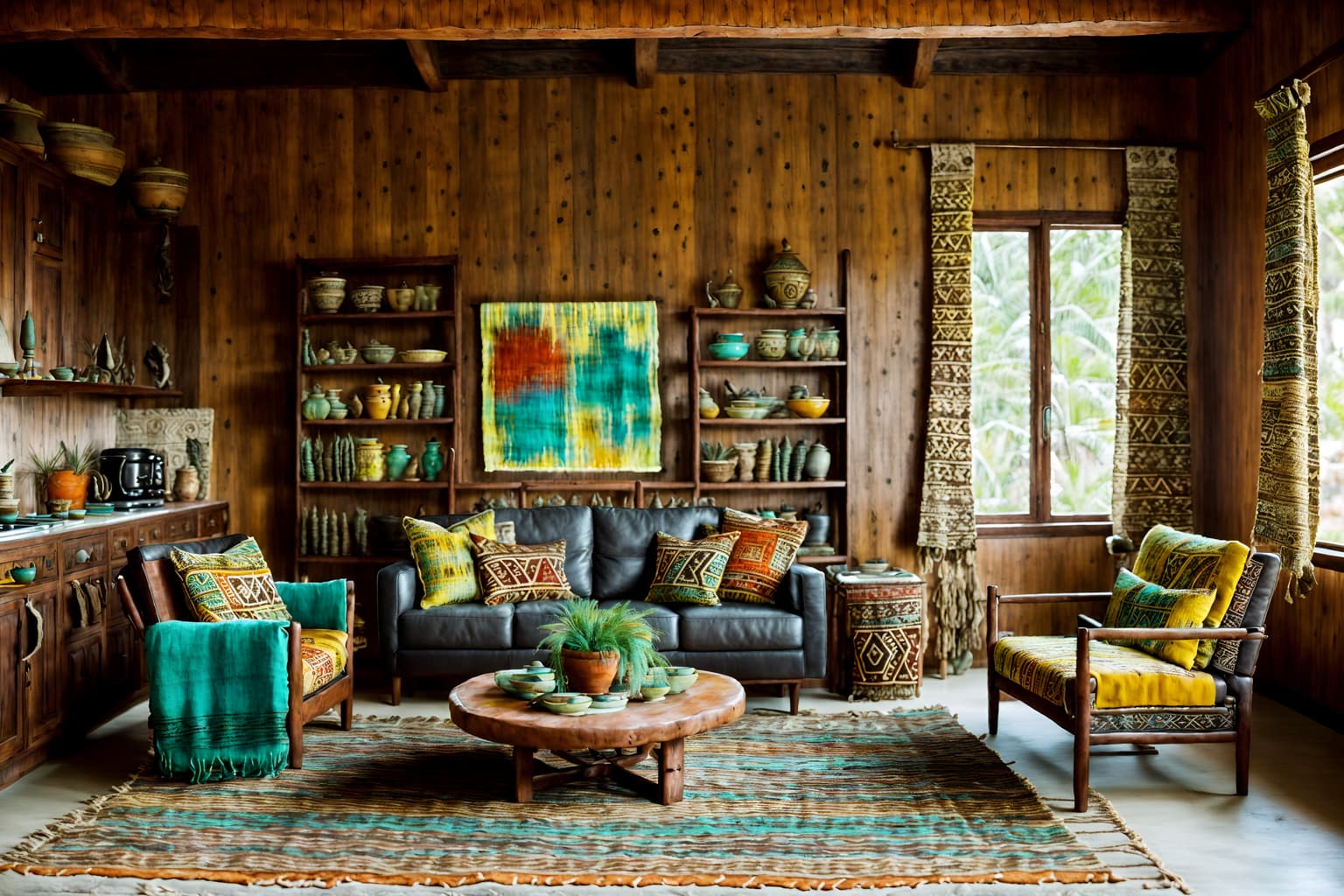 tribal-style (kitchen living combo interior) with sofa and coffee tables and bookshelves and rug and chairs and kitchen cabinets and sink and plant. . with tribal revival and sculptures and artworks and hand dyed batik fabrics and smooth worn timbers and desert colours and animal furslinen and exuberant splashes of colour and intricate grass weaving. . cinematic photo, highly detailed, cinematic lighting, ultra-detailed, ultrarealistic, photorealism, 8k. tribal interior design style. masterpiece, cinematic light, ultrarealistic+, photorealistic+, 8k, raw photo, realistic, sharp focus on eyes, (symmetrical eyes), (intact eyes), hyperrealistic, highest quality, best quality, , highly detailed, masterpiece, best quality, extremely detailed 8k wallpaper, masterpiece, best quality, ultra-detailed, best shadow, detailed background, detailed face, detailed eyes, high contrast, best illumination, detailed face, dulux, caustic, dynamic angle, detailed glow. dramatic lighting. highly detailed, insanely detailed hair, symmetrical, intricate details, professionally retouched, 8k high definition. strong bokeh. award winning photo.