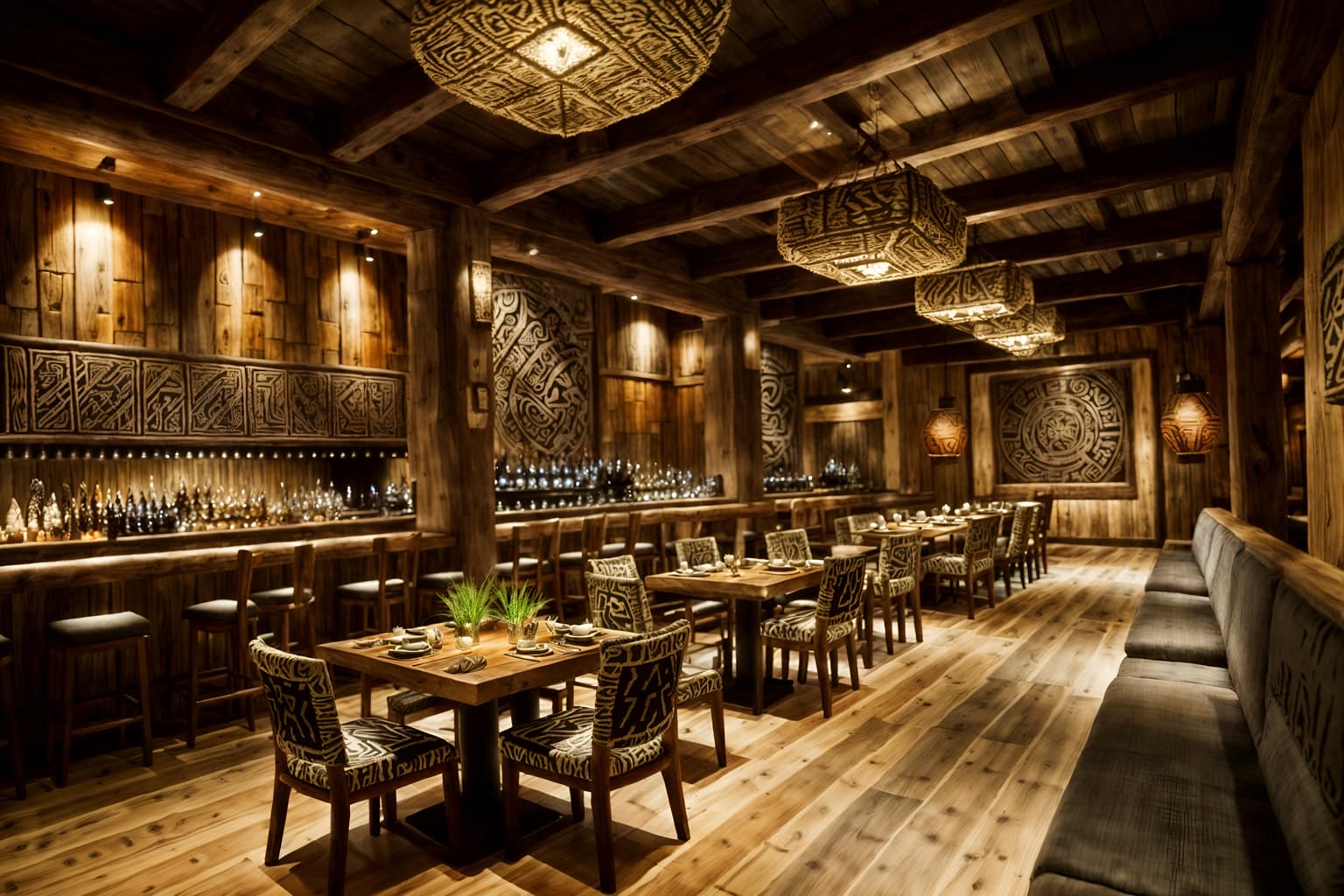 tribal-style (restaurant interior) with restaurant decor and restaurant dining tables and restaurant bar and restaurant chairs and restaurant decor. . with tribal patterns and animal furslinen and smooth worn timbers and intricate grass weaving and planks of stone and animal prints and sculptures and artworks and desert colours. . cinematic photo, highly detailed, cinematic lighting, ultra-detailed, ultrarealistic, photorealism, 8k. tribal interior design style. masterpiece, cinematic light, ultrarealistic+, photorealistic+, 8k, raw photo, realistic, sharp focus on eyes, (symmetrical eyes), (intact eyes), hyperrealistic, highest quality, best quality, , highly detailed, masterpiece, best quality, extremely detailed 8k wallpaper, masterpiece, best quality, ultra-detailed, best shadow, detailed background, detailed face, detailed eyes, high contrast, best illumination, detailed face, dulux, caustic, dynamic angle, detailed glow. dramatic lighting. highly detailed, insanely detailed hair, symmetrical, intricate details, professionally retouched, 8k high definition. strong bokeh. award winning photo.
