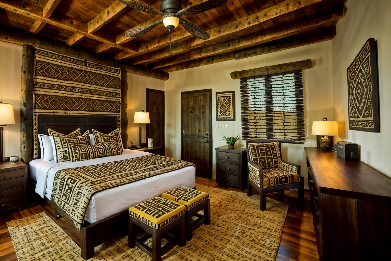 tribal-style (hotel room interior) with accent chair and bedside table or night stand and hotel bathroom and storage bench or ottoman and mirror and working desk with desk chair and dresser closet and night light. . with smooth worn timbers and tribal patterns and planks of stone and animal prints and tribal revival and desert colours and intricate grass weaving and sculptures and artworks. . cinematic photo, highly detailed, cinematic lighting, ultra-detailed, ultrarealistic, photorealism, 8k. tribal interior design style. masterpiece, cinematic light, ultrarealistic+, photorealistic+, 8k, raw photo, realistic, sharp focus on eyes, (symmetrical eyes), (intact eyes), hyperrealistic, highest quality, best quality, , highly detailed, masterpiece, best quality, extremely detailed 8k wallpaper, masterpiece, best quality, ultra-detailed, best shadow, detailed background, detailed face, detailed eyes, high contrast, best illumination, detailed face, dulux, caustic, dynamic angle, detailed glow. dramatic lighting. highly detailed, insanely detailed hair, symmetrical, intricate details, professionally retouched, 8k high definition. strong bokeh. award winning photo.