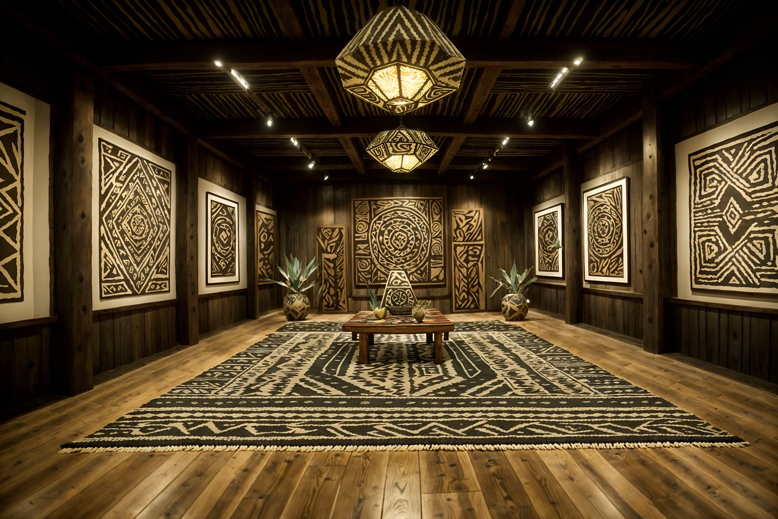 tribal-style (exhibition space interior) . with tribal patterns and sculptures and artworks and tribal revival and desert colours and exuberant splashes of colour and animal prints and planks of stone and intricate grass weaving. . cinematic photo, highly detailed, cinematic lighting, ultra-detailed, ultrarealistic, photorealism, 8k. tribal interior design style. masterpiece, cinematic light, ultrarealistic+, photorealistic+, 8k, raw photo, realistic, sharp focus on eyes, (symmetrical eyes), (intact eyes), hyperrealistic, highest quality, best quality, , highly detailed, masterpiece, best quality, extremely detailed 8k wallpaper, masterpiece, best quality, ultra-detailed, best shadow, detailed background, detailed face, detailed eyes, high contrast, best illumination, detailed face, dulux, caustic, dynamic angle, detailed glow. dramatic lighting. highly detailed, insanely detailed hair, symmetrical, intricate details, professionally retouched, 8k high definition. strong bokeh. award winning photo.