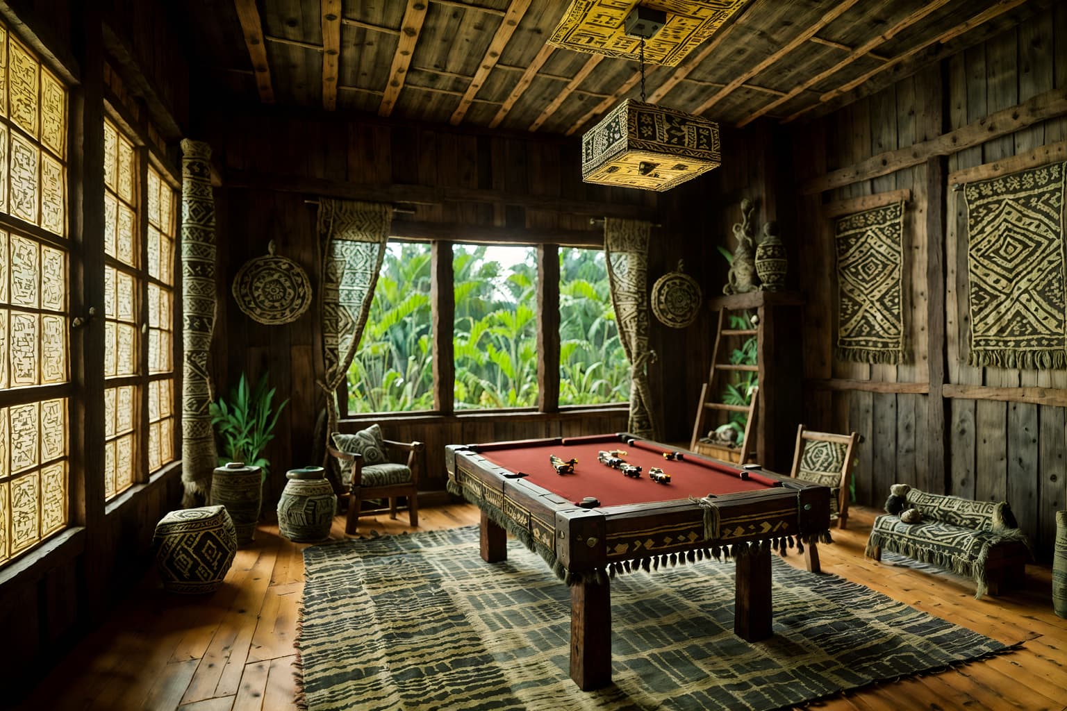 tribal-style (gaming room interior) . with animal prints and intricate grass weaving and animal furslinen and hand dyed batik fabrics and smooth worn timbers and planks of stone and tribal revival and sculptures and artworks. . cinematic photo, highly detailed, cinematic lighting, ultra-detailed, ultrarealistic, photorealism, 8k. tribal interior design style. masterpiece, cinematic light, ultrarealistic+, photorealistic+, 8k, raw photo, realistic, sharp focus on eyes, (symmetrical eyes), (intact eyes), hyperrealistic, highest quality, best quality, , highly detailed, masterpiece, best quality, extremely detailed 8k wallpaper, masterpiece, best quality, ultra-detailed, best shadow, detailed background, detailed face, detailed eyes, high contrast, best illumination, detailed face, dulux, caustic, dynamic angle, detailed glow. dramatic lighting. highly detailed, insanely detailed hair, symmetrical, intricate details, professionally retouched, 8k high definition. strong bokeh. award winning photo.