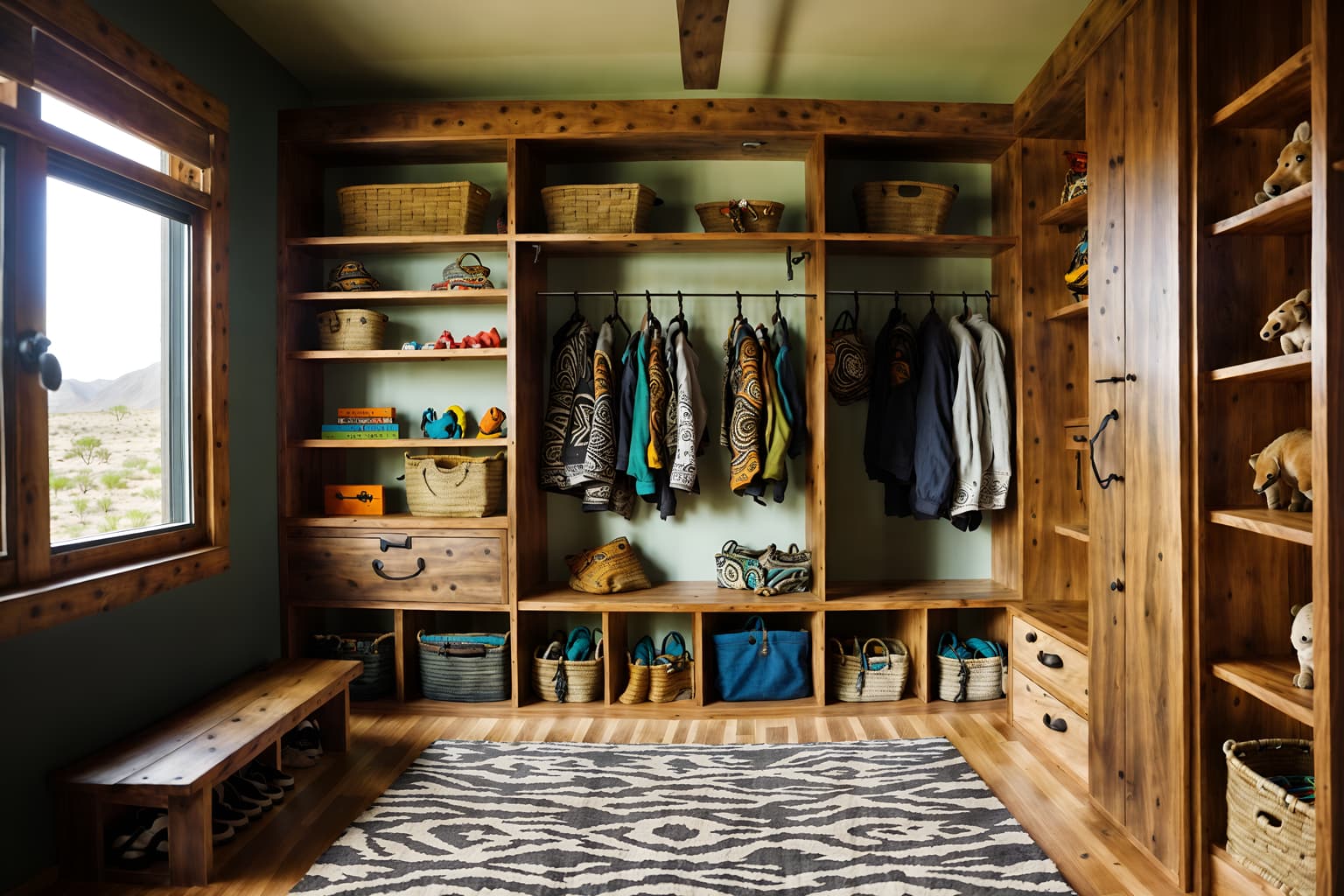 tribal-style (drop zone interior) with storage baskets and shelves for shoes and cubbies and a bench and lockers and cabinets and high up storage and wall hooks for coats. . with smooth worn timbers and animal furslinen and exuberant splashes of colour and planks of stone and animal prints and desert colours and tribal patterns and sculptures and artworks. . cinematic photo, highly detailed, cinematic lighting, ultra-detailed, ultrarealistic, photorealism, 8k. tribal interior design style. masterpiece, cinematic light, ultrarealistic+, photorealistic+, 8k, raw photo, realistic, sharp focus on eyes, (symmetrical eyes), (intact eyes), hyperrealistic, highest quality, best quality, , highly detailed, masterpiece, best quality, extremely detailed 8k wallpaper, masterpiece, best quality, ultra-detailed, best shadow, detailed background, detailed face, detailed eyes, high contrast, best illumination, detailed face, dulux, caustic, dynamic angle, detailed glow. dramatic lighting. highly detailed, insanely detailed hair, symmetrical, intricate details, professionally retouched, 8k high definition. strong bokeh. award winning photo.