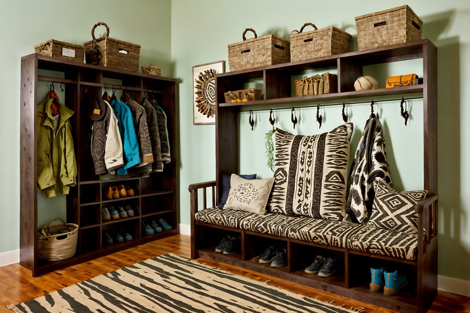 tribal-style (drop zone interior) with storage baskets and shelves for shoes and cubbies and a bench and lockers and cabinets and high up storage and wall hooks for coats. . with smooth worn timbers and animal furslinen and exuberant splashes of colour and planks of stone and animal prints and desert colours and tribal patterns and sculptures and artworks. . cinematic photo, highly detailed, cinematic lighting, ultra-detailed, ultrarealistic, photorealism, 8k. tribal interior design style. masterpiece, cinematic light, ultrarealistic+, photorealistic+, 8k, raw photo, realistic, sharp focus on eyes, (symmetrical eyes), (intact eyes), hyperrealistic, highest quality, best quality, , highly detailed, masterpiece, best quality, extremely detailed 8k wallpaper, masterpiece, best quality, ultra-detailed, best shadow, detailed background, detailed face, detailed eyes, high contrast, best illumination, detailed face, dulux, caustic, dynamic angle, detailed glow. dramatic lighting. highly detailed, insanely detailed hair, symmetrical, intricate details, professionally retouched, 8k high definition. strong bokeh. award winning photo.
