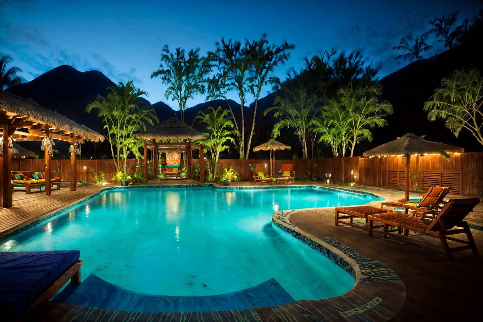 tribal-style designed (outdoor pool area ) with pool and pool lounge chairs and pool lights and pool. . with tribal patterns and animal furslinen and smooth worn timbers and planks of stone and hand dyed batik fabrics and exuberant splashes of colour and sculptures and artworks and animal prints. . cinematic photo, highly detailed, cinematic lighting, ultra-detailed, ultrarealistic, photorealism, 8k. tribal design style. masterpiece, cinematic light, ultrarealistic+, photorealistic+, 8k, raw photo, realistic, sharp focus on eyes, (symmetrical eyes), (intact eyes), hyperrealistic, highest quality, best quality, , highly detailed, masterpiece, best quality, extremely detailed 8k wallpaper, masterpiece, best quality, ultra-detailed, best shadow, detailed background, detailed face, detailed eyes, high contrast, best illumination, detailed face, dulux, caustic, dynamic angle, detailed glow. dramatic lighting. highly detailed, insanely detailed hair, symmetrical, intricate details, professionally retouched, 8k high definition. strong bokeh. award winning photo.