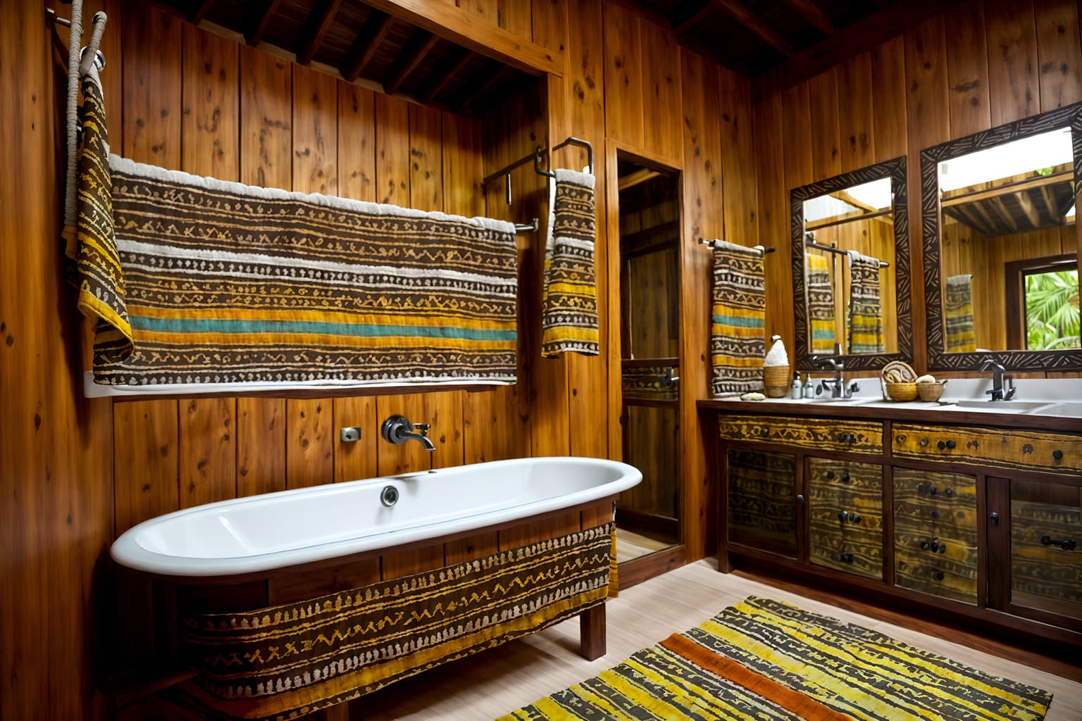 tribal-style (hotel bathroom interior) with bathroom cabinet and mirror and shower and bathroom sink with faucet and bath towel and bathtub and bath rail and waste basket. . with tribal patterns and desert colours and smooth worn timbers and exuberant splashes of colour and hand dyed batik fabrics and tribal revival and animal prints and animal furslinen. . cinematic photo, highly detailed, cinematic lighting, ultra-detailed, ultrarealistic, photorealism, 8k. tribal interior design style. masterpiece, cinematic light, ultrarealistic+, photorealistic+, 8k, raw photo, realistic, sharp focus on eyes, (symmetrical eyes), (intact eyes), hyperrealistic, highest quality, best quality, , highly detailed, masterpiece, best quality, extremely detailed 8k wallpaper, masterpiece, best quality, ultra-detailed, best shadow, detailed background, detailed face, detailed eyes, high contrast, best illumination, detailed face, dulux, caustic, dynamic angle, detailed glow. dramatic lighting. highly detailed, insanely detailed hair, symmetrical, intricate details, professionally retouched, 8k high definition. strong bokeh. award winning photo.