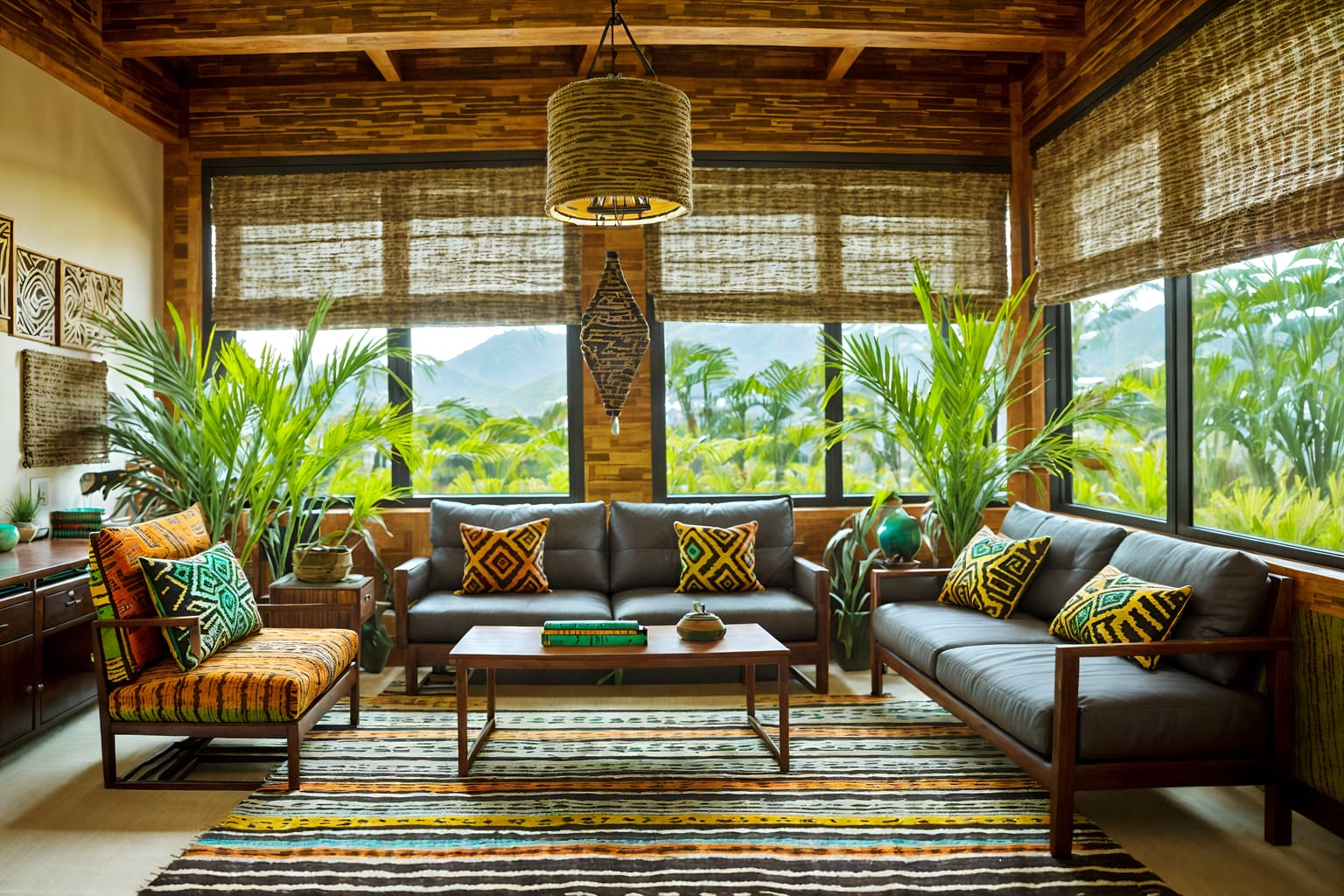 tribal-style (office interior) with cabinets and desk lamps and office desks and plants and computer desks and windows and seating area with sofa and lounge chairs. . with tribal revival and exuberant splashes of colour and intricate grass weaving and desert colours and planks of stone and animal prints and hand dyed batik fabrics and sculptures and artworks. . cinematic photo, highly detailed, cinematic lighting, ultra-detailed, ultrarealistic, photorealism, 8k. tribal interior design style. masterpiece, cinematic light, ultrarealistic+, photorealistic+, 8k, raw photo, realistic, sharp focus on eyes, (symmetrical eyes), (intact eyes), hyperrealistic, highest quality, best quality, , highly detailed, masterpiece, best quality, extremely detailed 8k wallpaper, masterpiece, best quality, ultra-detailed, best shadow, detailed background, detailed face, detailed eyes, high contrast, best illumination, detailed face, dulux, caustic, dynamic angle, detailed glow. dramatic lighting. highly detailed, insanely detailed hair, symmetrical, intricate details, professionally retouched, 8k high definition. strong bokeh. award winning photo.