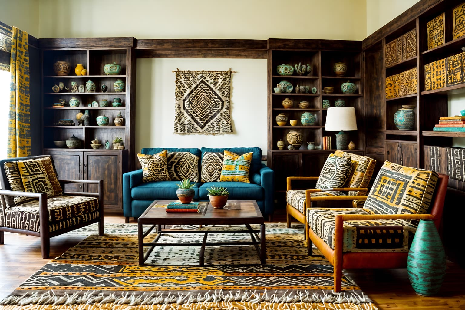 tribal-style (living room interior) with chairs and occasional tables and televisions and bookshelves and rug and coffee tables and sofa and plant. . with animal prints and desert colours and animal furslinen and exuberant splashes of colour and planks of stone and tribal patterns and tribal revival and hand dyed batik fabrics. . cinematic photo, highly detailed, cinematic lighting, ultra-detailed, ultrarealistic, photorealism, 8k. tribal interior design style. masterpiece, cinematic light, ultrarealistic+, photorealistic+, 8k, raw photo, realistic, sharp focus on eyes, (symmetrical eyes), (intact eyes), hyperrealistic, highest quality, best quality, , highly detailed, masterpiece, best quality, extremely detailed 8k wallpaper, masterpiece, best quality, ultra-detailed, best shadow, detailed background, detailed face, detailed eyes, high contrast, best illumination, detailed face, dulux, caustic, dynamic angle, detailed glow. dramatic lighting. highly detailed, insanely detailed hair, symmetrical, intricate details, professionally retouched, 8k high definition. strong bokeh. award winning photo.