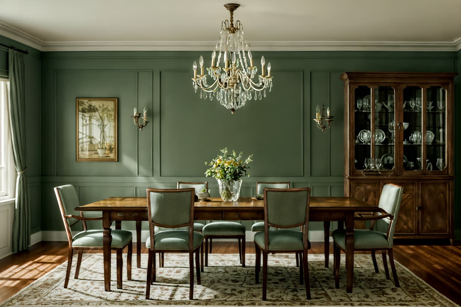 vintage-style (dining room interior) with dining table chairs and vase and plates, cutlery and glasses on dining table and dining table and light or chandelier and bookshelves and table cloth and painting or photo on wall. . with . . cinematic photo, highly detailed, cinematic lighting, ultra-detailed, ultrarealistic, photorealism, 8k. vintage interior design style. masterpiece, cinematic light, ultrarealistic+, photorealistic+, 8k, raw photo, realistic, sharp focus on eyes, (symmetrical eyes), (intact eyes), hyperrealistic, highest quality, best quality, , highly detailed, masterpiece, best quality, extremely detailed 8k wallpaper, masterpiece, best quality, ultra-detailed, best shadow, detailed background, detailed face, detailed eyes, high contrast, best illumination, detailed face, dulux, caustic, dynamic angle, detailed glow. dramatic lighting. highly detailed, insanely detailed hair, symmetrical, intricate details, professionally retouched, 8k high definition. strong bokeh. award winning photo.