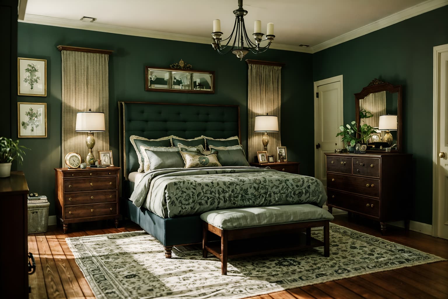 vintage-style (bedroom interior) with bedside table or night stand and plant and dresser closet and headboard and accent chair and mirror and storage bench or ottoman and night light. . with . . cinematic photo, highly detailed, cinematic lighting, ultra-detailed, ultrarealistic, photorealism, 8k. vintage interior design style. masterpiece, cinematic light, ultrarealistic+, photorealistic+, 8k, raw photo, realistic, sharp focus on eyes, (symmetrical eyes), (intact eyes), hyperrealistic, highest quality, best quality, , highly detailed, masterpiece, best quality, extremely detailed 8k wallpaper, masterpiece, best quality, ultra-detailed, best shadow, detailed background, detailed face, detailed eyes, high contrast, best illumination, detailed face, dulux, caustic, dynamic angle, detailed glow. dramatic lighting. highly detailed, insanely detailed hair, symmetrical, intricate details, professionally retouched, 8k high definition. strong bokeh. award winning photo.