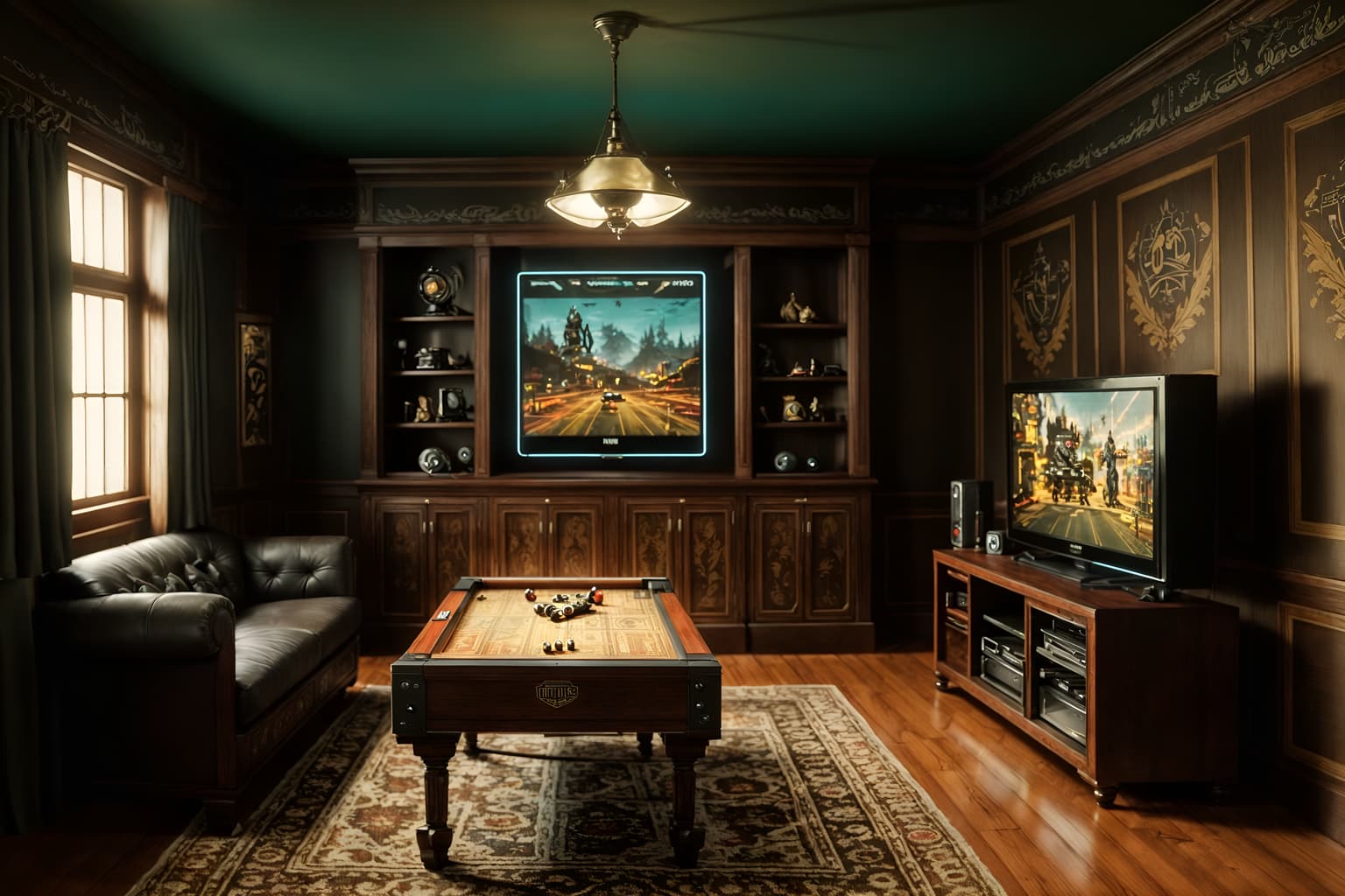 vintage-style (gaming room interior) . with . . cinematic photo, highly detailed, cinematic lighting, ultra-detailed, ultrarealistic, photorealism, 8k. vintage interior design style. masterpiece, cinematic light, ultrarealistic+, photorealistic+, 8k, raw photo, realistic, sharp focus on eyes, (symmetrical eyes), (intact eyes), hyperrealistic, highest quality, best quality, , highly detailed, masterpiece, best quality, extremely detailed 8k wallpaper, masterpiece, best quality, ultra-detailed, best shadow, detailed background, detailed face, detailed eyes, high contrast, best illumination, detailed face, dulux, caustic, dynamic angle, detailed glow. dramatic lighting. highly detailed, insanely detailed hair, symmetrical, intricate details, professionally retouched, 8k high definition. strong bokeh. award winning photo.
