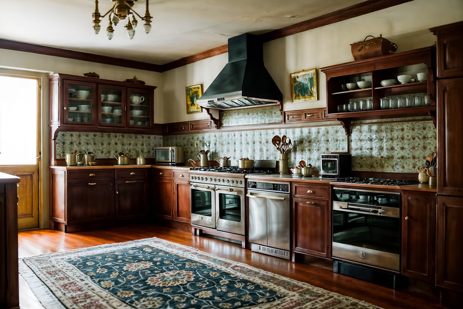 vintage-style (kitchen living combo interior) with worktops and sink and furniture and refrigerator and sofa and televisions and rug and bookshelves. . with . . cinematic photo, highly detailed, cinematic lighting, ultra-detailed, ultrarealistic, photorealism, 8k. vintage interior design style. masterpiece, cinematic light, ultrarealistic+, photorealistic+, 8k, raw photo, realistic, sharp focus on eyes, (symmetrical eyes), (intact eyes), hyperrealistic, highest quality, best quality, , highly detailed, masterpiece, best quality, extremely detailed 8k wallpaper, masterpiece, best quality, ultra-detailed, best shadow, detailed background, detailed face, detailed eyes, high contrast, best illumination, detailed face, dulux, caustic, dynamic angle, detailed glow. dramatic lighting. highly detailed, insanely detailed hair, symmetrical, intricate details, professionally retouched, 8k high definition. strong bokeh. award winning photo.