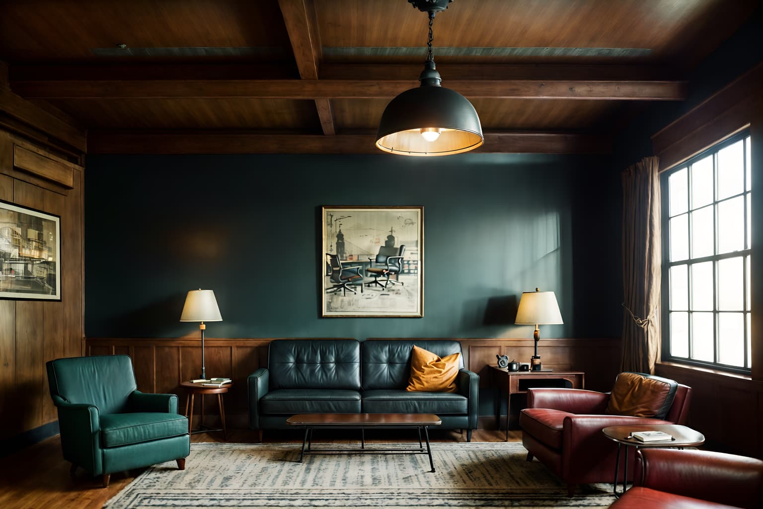 vintage-style (coworking space interior) with lounge chairs and seating area with sofa and office desks and office chairs and lounge chairs. . with . . cinematic photo, highly detailed, cinematic lighting, ultra-detailed, ultrarealistic, photorealism, 8k. vintage interior design style. masterpiece, cinematic light, ultrarealistic+, photorealistic+, 8k, raw photo, realistic, sharp focus on eyes, (symmetrical eyes), (intact eyes), hyperrealistic, highest quality, best quality, , highly detailed, masterpiece, best quality, extremely detailed 8k wallpaper, masterpiece, best quality, ultra-detailed, best shadow, detailed background, detailed face, detailed eyes, high contrast, best illumination, detailed face, dulux, caustic, dynamic angle, detailed glow. dramatic lighting. highly detailed, insanely detailed hair, symmetrical, intricate details, professionally retouched, 8k high definition. strong bokeh. award winning photo.