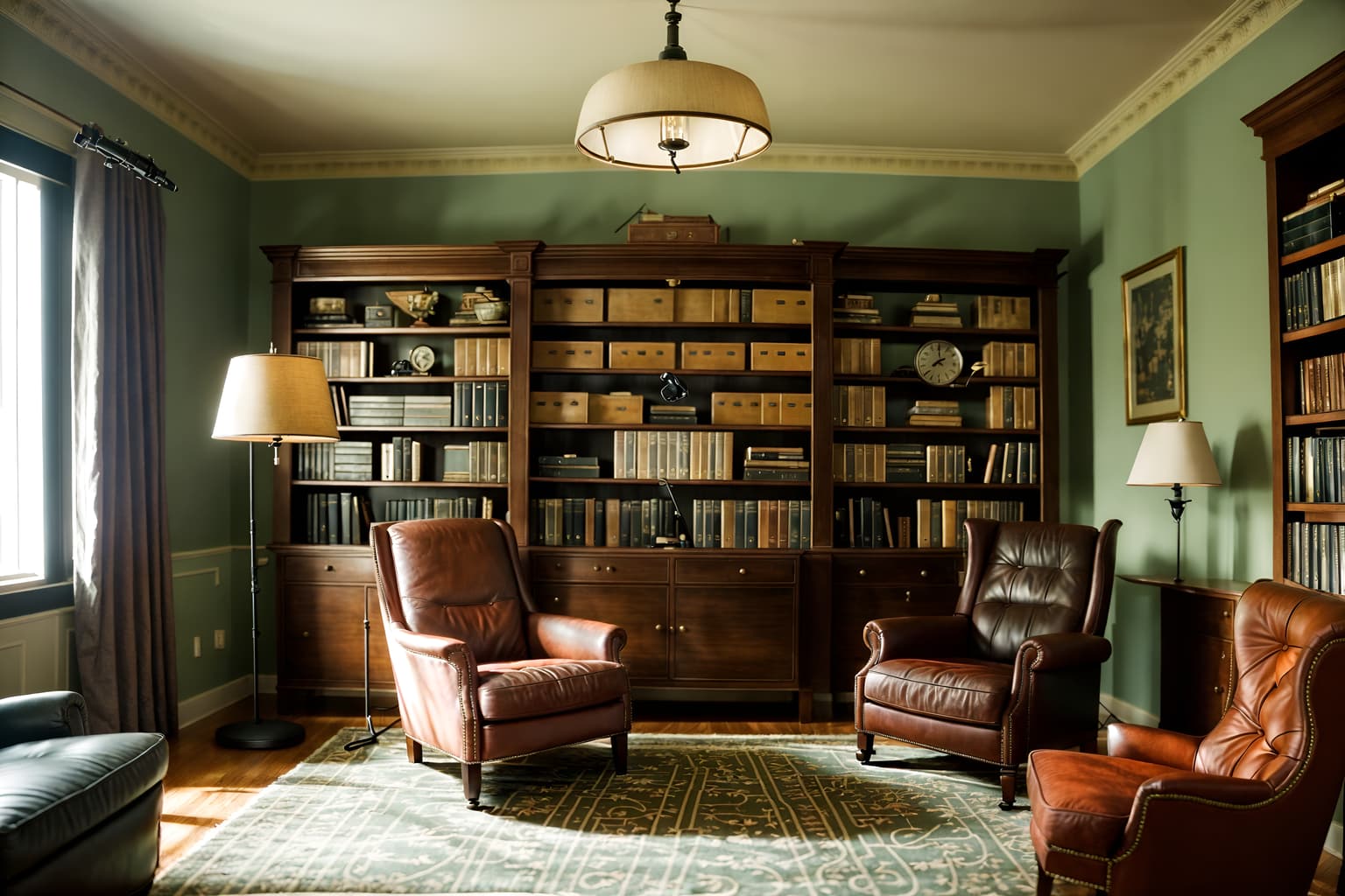vintage-style (study room interior) with lounge chair and office chair and bookshelves and desk lamp and cabinets and plant and writing desk and lounge chair. . with . . cinematic photo, highly detailed, cinematic lighting, ultra-detailed, ultrarealistic, photorealism, 8k. vintage interior design style. masterpiece, cinematic light, ultrarealistic+, photorealistic+, 8k, raw photo, realistic, sharp focus on eyes, (symmetrical eyes), (intact eyes), hyperrealistic, highest quality, best quality, , highly detailed, masterpiece, best quality, extremely detailed 8k wallpaper, masterpiece, best quality, ultra-detailed, best shadow, detailed background, detailed face, detailed eyes, high contrast, best illumination, detailed face, dulux, caustic, dynamic angle, detailed glow. dramatic lighting. highly detailed, insanely detailed hair, symmetrical, intricate details, professionally retouched, 8k high definition. strong bokeh. award winning photo.