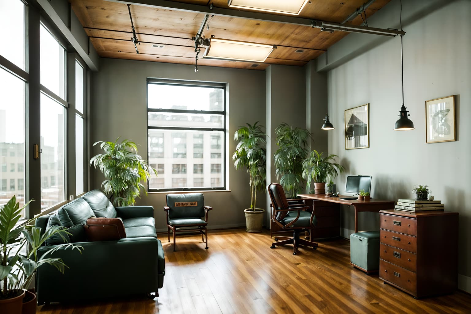 vintage-style (office interior) with windows and office chairs and plants and seating area with sofa and office desks and desk lamps and lounge chairs and computer desks. . with . . cinematic photo, highly detailed, cinematic lighting, ultra-detailed, ultrarealistic, photorealism, 8k. vintage interior design style. masterpiece, cinematic light, ultrarealistic+, photorealistic+, 8k, raw photo, realistic, sharp focus on eyes, (symmetrical eyes), (intact eyes), hyperrealistic, highest quality, best quality, , highly detailed, masterpiece, best quality, extremely detailed 8k wallpaper, masterpiece, best quality, ultra-detailed, best shadow, detailed background, detailed face, detailed eyes, high contrast, best illumination, detailed face, dulux, caustic, dynamic angle, detailed glow. dramatic lighting. highly detailed, insanely detailed hair, symmetrical, intricate details, professionally retouched, 8k high definition. strong bokeh. award winning photo.