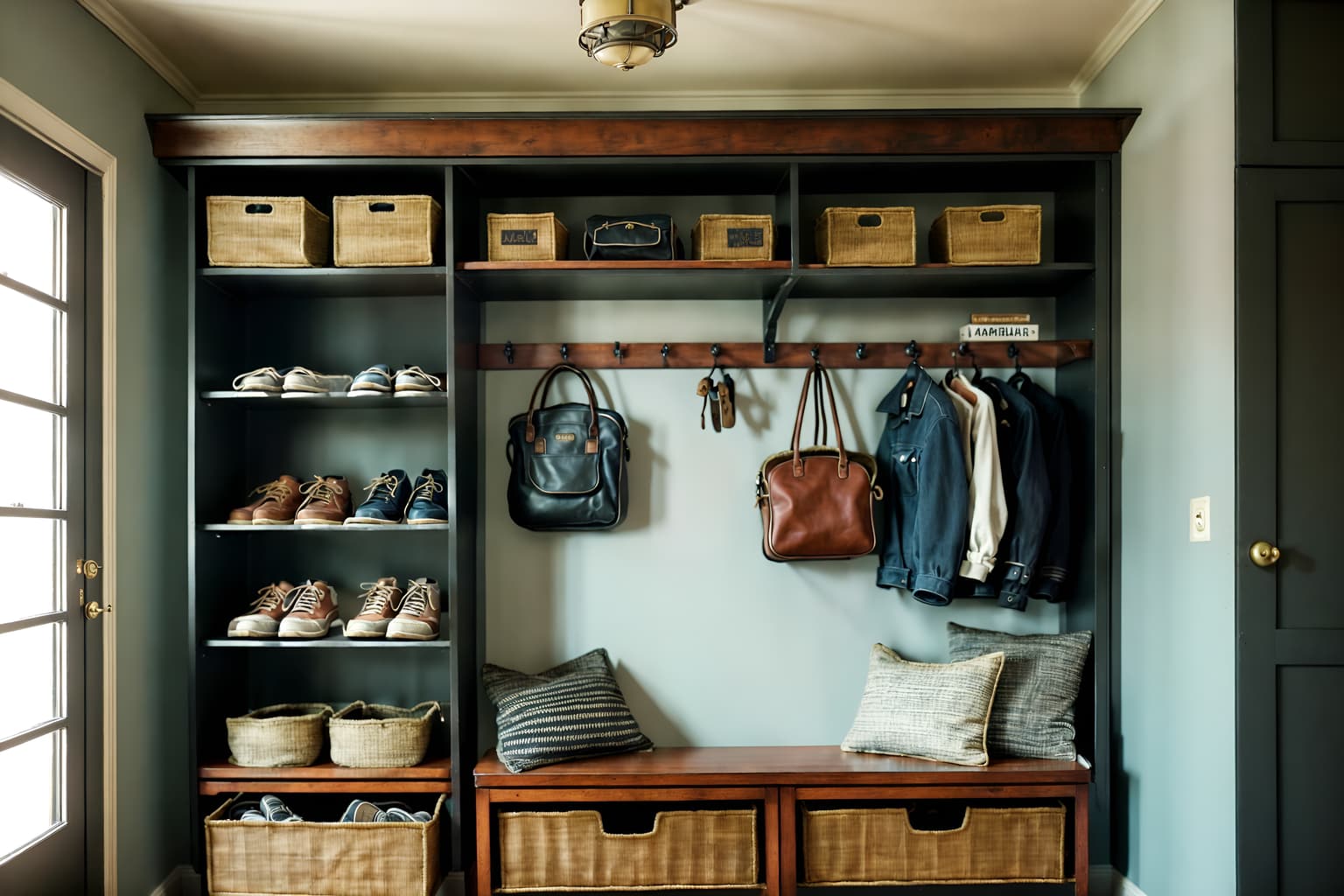 vintage-style (drop zone interior) with shelves for shoes and storage drawers and high up storage and storage baskets and a bench and cubbies and cabinets and wall hooks for coats. . with . . cinematic photo, highly detailed, cinematic lighting, ultra-detailed, ultrarealistic, photorealism, 8k. vintage interior design style. masterpiece, cinematic light, ultrarealistic+, photorealistic+, 8k, raw photo, realistic, sharp focus on eyes, (symmetrical eyes), (intact eyes), hyperrealistic, highest quality, best quality, , highly detailed, masterpiece, best quality, extremely detailed 8k wallpaper, masterpiece, best quality, ultra-detailed, best shadow, detailed background, detailed face, detailed eyes, high contrast, best illumination, detailed face, dulux, caustic, dynamic angle, detailed glow. dramatic lighting. highly detailed, insanely detailed hair, symmetrical, intricate details, professionally retouched, 8k high definition. strong bokeh. award winning photo.