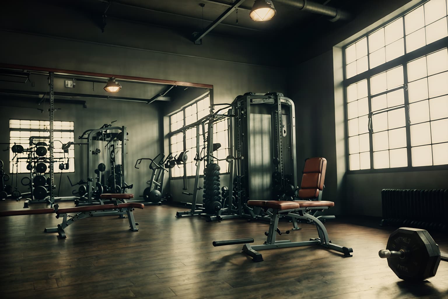 vintage-style (fitness gym interior) with dumbbell stand and exercise bicycle and squat rack and bench press and crosstrainer and dumbbell stand. . with . . cinematic photo, highly detailed, cinematic lighting, ultra-detailed, ultrarealistic, photorealism, 8k. vintage interior design style. masterpiece, cinematic light, ultrarealistic+, photorealistic+, 8k, raw photo, realistic, sharp focus on eyes, (symmetrical eyes), (intact eyes), hyperrealistic, highest quality, best quality, , highly detailed, masterpiece, best quality, extremely detailed 8k wallpaper, masterpiece, best quality, ultra-detailed, best shadow, detailed background, detailed face, detailed eyes, high contrast, best illumination, detailed face, dulux, caustic, dynamic angle, detailed glow. dramatic lighting. highly detailed, insanely detailed hair, symmetrical, intricate details, professionally retouched, 8k high definition. strong bokeh. award winning photo.