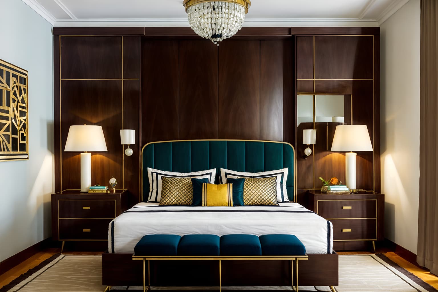 art deco-style (bedroom interior) with night light and accent chair and dresser closet and storage bench or ottoman and plant and bedside table or night stand and mirror and headboard. . with smooth lines and stream-lined forms and geometric shapes and bold geometry and rich colors and symmetrical designs and glamour and bright and cheerful colors. . cinematic photo, highly detailed, cinematic lighting, ultra-detailed, ultrarealistic, photorealism, 8k. art deco interior design style. masterpiece, cinematic light, ultrarealistic+, photorealistic+, 8k, raw photo, realistic, sharp focus on eyes, (symmetrical eyes), (intact eyes), hyperrealistic, highest quality, best quality, , highly detailed, masterpiece, best quality, extremely detailed 8k wallpaper, masterpiece, best quality, ultra-detailed, best shadow, detailed background, detailed face, detailed eyes, high contrast, best illumination, detailed face, dulux, caustic, dynamic angle, detailed glow. dramatic lighting. highly detailed, insanely detailed hair, symmetrical, intricate details, professionally retouched, 8k high definition. strong bokeh. award winning photo.