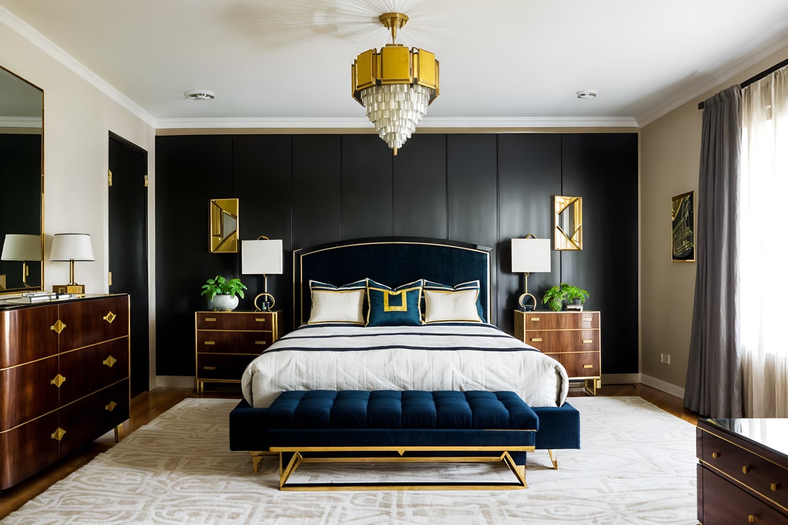 art deco-style (bedroom interior) with night light and accent chair and dresser closet and storage bench or ottoman and plant and bedside table or night stand and mirror and headboard. . with smooth lines and stream-lined forms and geometric shapes and bold geometry and rich colors and symmetrical designs and glamour and bright and cheerful colors. . cinematic photo, highly detailed, cinematic lighting, ultra-detailed, ultrarealistic, photorealism, 8k. art deco interior design style. masterpiece, cinematic light, ultrarealistic+, photorealistic+, 8k, raw photo, realistic, sharp focus on eyes, (symmetrical eyes), (intact eyes), hyperrealistic, highest quality, best quality, , highly detailed, masterpiece, best quality, extremely detailed 8k wallpaper, masterpiece, best quality, ultra-detailed, best shadow, detailed background, detailed face, detailed eyes, high contrast, best illumination, detailed face, dulux, caustic, dynamic angle, detailed glow. dramatic lighting. highly detailed, insanely detailed hair, symmetrical, intricate details, professionally retouched, 8k high definition. strong bokeh. award winning photo.