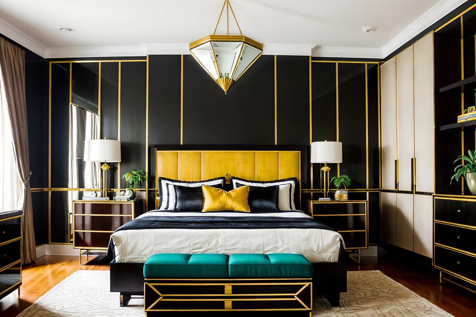 art deco-style (bedroom interior) with night light and accent chair and dresser closet and storage bench or ottoman and plant and bedside table or night stand and mirror and headboard. . with smooth lines and stream-lined forms and geometric shapes and bold geometry and rich colors and symmetrical designs and glamour and bright and cheerful colors. . cinematic photo, highly detailed, cinematic lighting, ultra-detailed, ultrarealistic, photorealism, 8k. art deco interior design style. masterpiece, cinematic light, ultrarealistic+, photorealistic+, 8k, raw photo, realistic, sharp focus on eyes, (symmetrical eyes), (intact eyes), hyperrealistic, highest quality, best quality, , highly detailed, masterpiece, best quality, extremely detailed 8k wallpaper, masterpiece, best quality, ultra-detailed, best shadow, detailed background, detailed face, detailed eyes, high contrast, best illumination, detailed face, dulux, caustic, dynamic angle, detailed glow. dramatic lighting. highly detailed, insanely detailed hair, symmetrical, intricate details, professionally retouched, 8k high definition. strong bokeh. award winning photo.