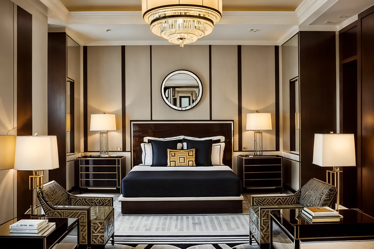 art deco-style (hotel room interior) with headboard and hotel bathroom and accent chair and storage bench or ottoman and bedside table or night stand and mirror and bed and working desk with desk chair. . with angular shapes and abstract patterns and geometric lines and luxury and stream-lined forms and exuberant shapes and symmetrical designs and bold geometry. . cinematic photo, highly detailed, cinematic lighting, ultra-detailed, ultrarealistic, photorealism, 8k. art deco interior design style. masterpiece, cinematic light, ultrarealistic+, photorealistic+, 8k, raw photo, realistic, sharp focus on eyes, (symmetrical eyes), (intact eyes), hyperrealistic, highest quality, best quality, , highly detailed, masterpiece, best quality, extremely detailed 8k wallpaper, masterpiece, best quality, ultra-detailed, best shadow, detailed background, detailed face, detailed eyes, high contrast, best illumination, detailed face, dulux, caustic, dynamic angle, detailed glow. dramatic lighting. highly detailed, insanely detailed hair, symmetrical, intricate details, professionally retouched, 8k high definition. strong bokeh. award winning photo.