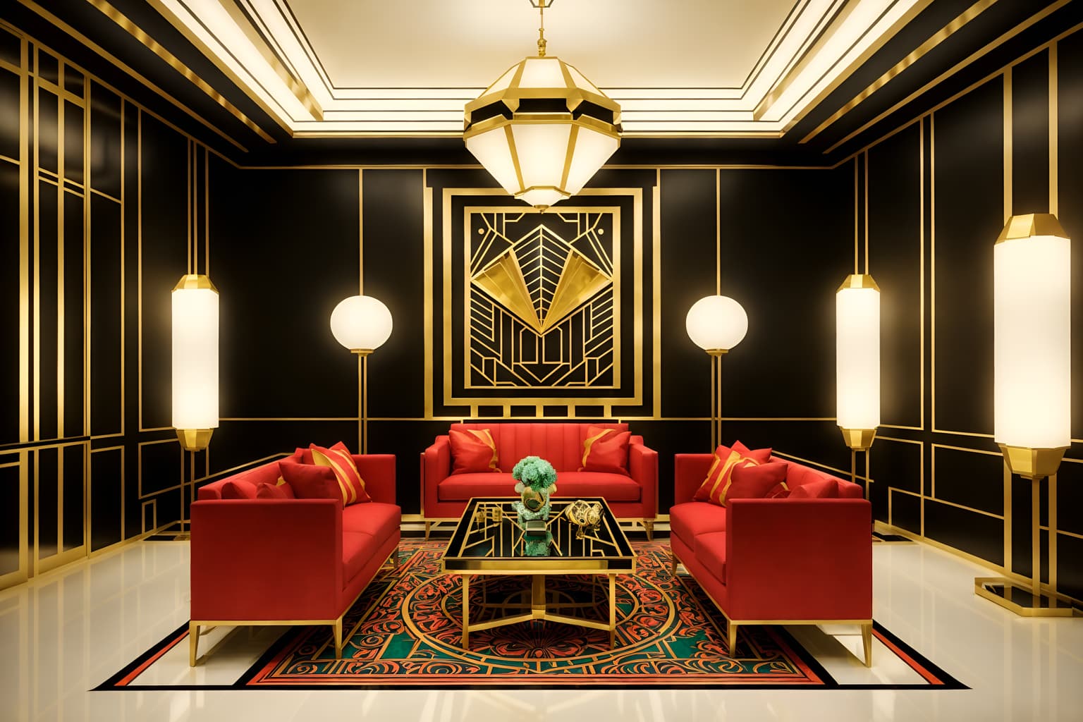 art deco-style (exhibition space interior) . with glamour and bold geometry and decadent detail and exuberant shapes and bright and cheerful colors and symmetrical designs and geometric lines and luxury. . cinematic photo, highly detailed, cinematic lighting, ultra-detailed, ultrarealistic, photorealism, 8k. art deco interior design style. masterpiece, cinematic light, ultrarealistic+, photorealistic+, 8k, raw photo, realistic, sharp focus on eyes, (symmetrical eyes), (intact eyes), hyperrealistic, highest quality, best quality, , highly detailed, masterpiece, best quality, extremely detailed 8k wallpaper, masterpiece, best quality, ultra-detailed, best shadow, detailed background, detailed face, detailed eyes, high contrast, best illumination, detailed face, dulux, caustic, dynamic angle, detailed glow. dramatic lighting. highly detailed, insanely detailed hair, symmetrical, intricate details, professionally retouched, 8k high definition. strong bokeh. award winning photo.