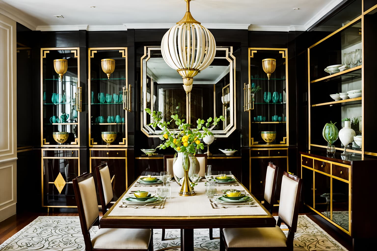 art deco-style (dining room interior) with plant and dining table and bookshelves and light or chandelier and vase and painting or photo on wall and plates, cutlery and glasses on dining table and dining table chairs. . with geometric shapes and angular shapes and symmetrical designs and stream-lined forms and decadent detail and smooth lines and bold geometry and bright and cheerful colors. . cinematic photo, highly detailed, cinematic lighting, ultra-detailed, ultrarealistic, photorealism, 8k. art deco interior design style. masterpiece, cinematic light, ultrarealistic+, photorealistic+, 8k, raw photo, realistic, sharp focus on eyes, (symmetrical eyes), (intact eyes), hyperrealistic, highest quality, best quality, , highly detailed, masterpiece, best quality, extremely detailed 8k wallpaper, masterpiece, best quality, ultra-detailed, best shadow, detailed background, detailed face, detailed eyes, high contrast, best illumination, detailed face, dulux, caustic, dynamic angle, detailed glow. dramatic lighting. highly detailed, insanely detailed hair, symmetrical, intricate details, professionally retouched, 8k high definition. strong bokeh. award winning photo.