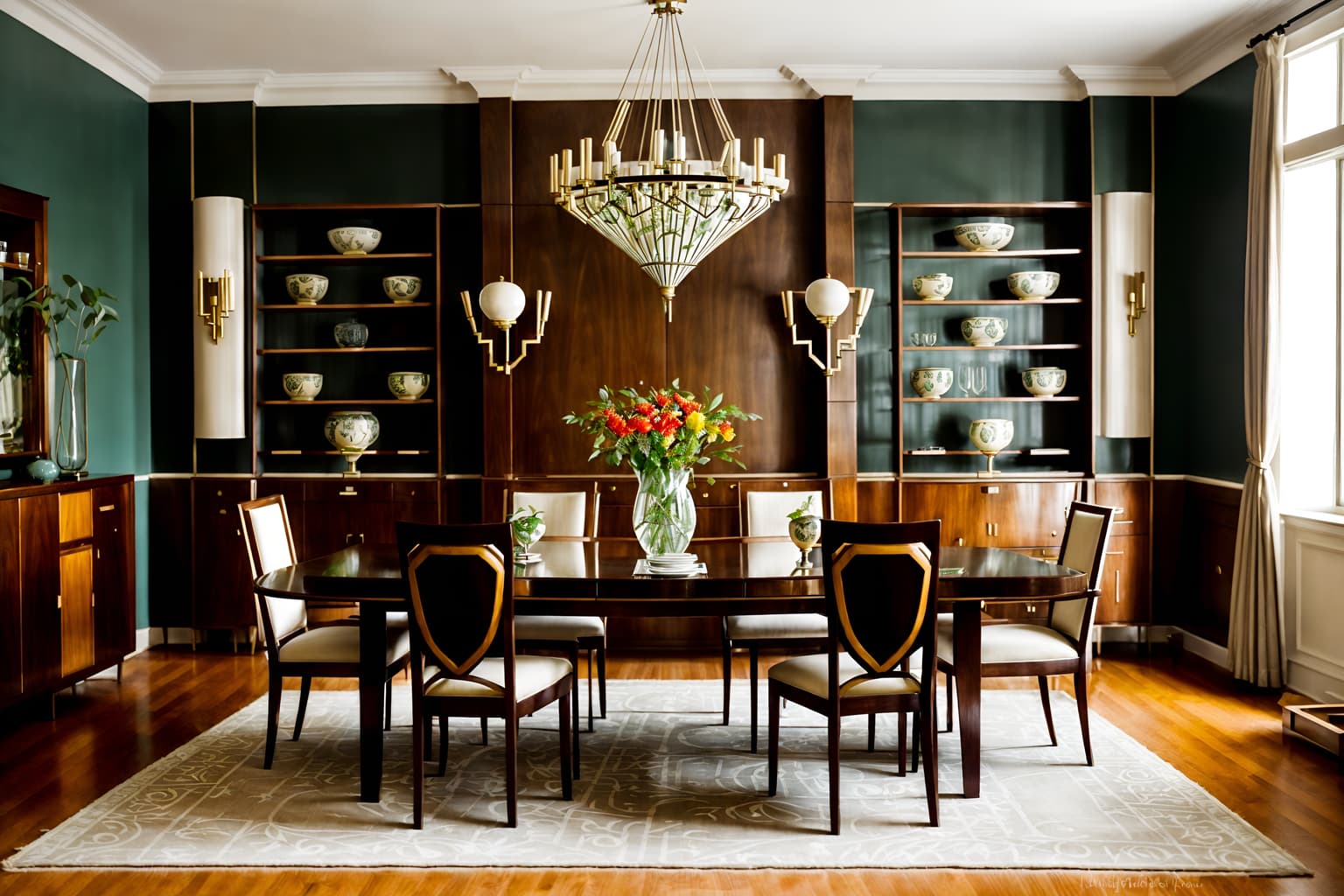 art deco-style (dining room interior) with plant and dining table and bookshelves and light or chandelier and vase and painting or photo on wall and plates, cutlery and glasses on dining table and dining table chairs. . with geometric shapes and angular shapes and symmetrical designs and stream-lined forms and decadent detail and smooth lines and bold geometry and bright and cheerful colors. . cinematic photo, highly detailed, cinematic lighting, ultra-detailed, ultrarealistic, photorealism, 8k. art deco interior design style. masterpiece, cinematic light, ultrarealistic+, photorealistic+, 8k, raw photo, realistic, sharp focus on eyes, (symmetrical eyes), (intact eyes), hyperrealistic, highest quality, best quality, , highly detailed, masterpiece, best quality, extremely detailed 8k wallpaper, masterpiece, best quality, ultra-detailed, best shadow, detailed background, detailed face, detailed eyes, high contrast, best illumination, detailed face, dulux, caustic, dynamic angle, detailed glow. dramatic lighting. highly detailed, insanely detailed hair, symmetrical, intricate details, professionally retouched, 8k high definition. strong bokeh. award winning photo.