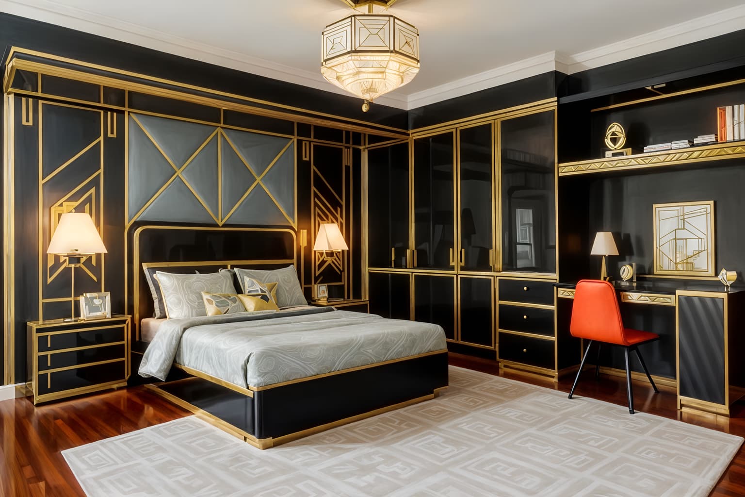 art deco-style (kids room interior) with kids desk and night light and storage bench or ottoman and headboard and bed and dresser closet and plant and bedside table or night stand. . with geometric lines and stream-lined forms and angular shapes and exuberant shapes and luxury and glamour and geometric shapes and decadent detail. . cinematic photo, highly detailed, cinematic lighting, ultra-detailed, ultrarealistic, photorealism, 8k. art deco interior design style. masterpiece, cinematic light, ultrarealistic+, photorealistic+, 8k, raw photo, realistic, sharp focus on eyes, (symmetrical eyes), (intact eyes), hyperrealistic, highest quality, best quality, , highly detailed, masterpiece, best quality, extremely detailed 8k wallpaper, masterpiece, best quality, ultra-detailed, best shadow, detailed background, detailed face, detailed eyes, high contrast, best illumination, detailed face, dulux, caustic, dynamic angle, detailed glow. dramatic lighting. highly detailed, insanely detailed hair, symmetrical, intricate details, professionally retouched, 8k high definition. strong bokeh. award winning photo.