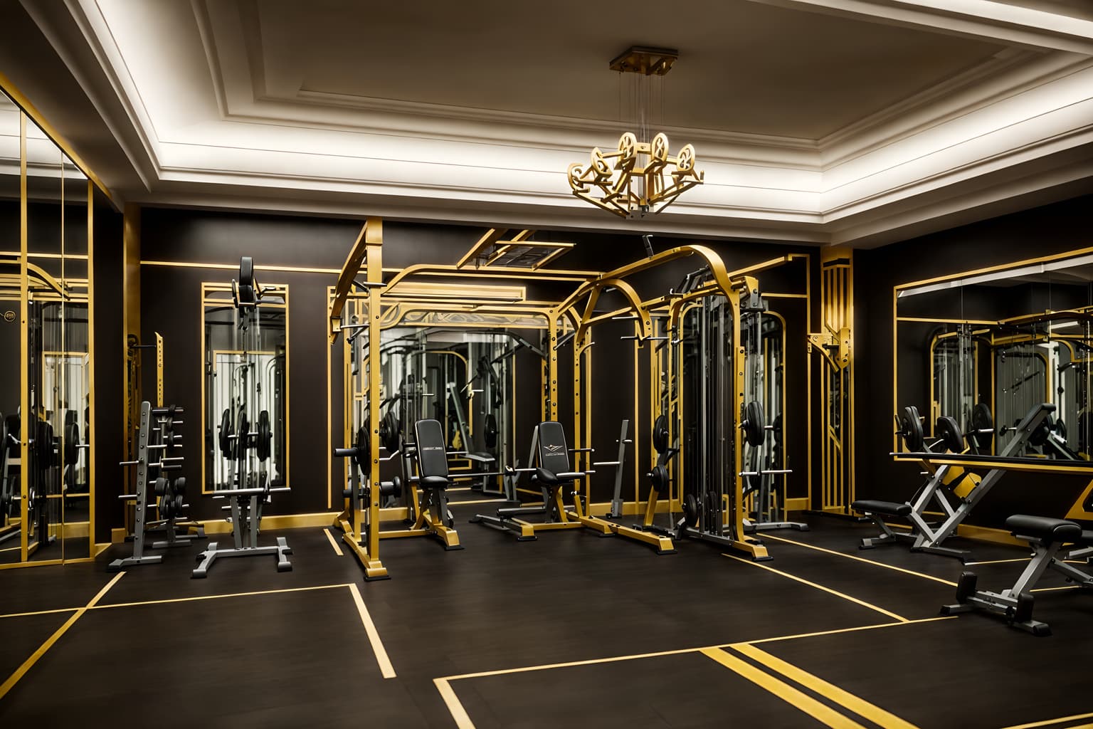 art deco-style (fitness gym interior) with squat rack and crosstrainer and dumbbell stand and bench press and exercise bicycle and squat rack. . with decadent detail and glamour and stream-lined forms and smooth lines and bold geometry and luxury and geometric lines and angular shapes. . cinematic photo, highly detailed, cinematic lighting, ultra-detailed, ultrarealistic, photorealism, 8k. art deco interior design style. masterpiece, cinematic light, ultrarealistic+, photorealistic+, 8k, raw photo, realistic, sharp focus on eyes, (symmetrical eyes), (intact eyes), hyperrealistic, highest quality, best quality, , highly detailed, masterpiece, best quality, extremely detailed 8k wallpaper, masterpiece, best quality, ultra-detailed, best shadow, detailed background, detailed face, detailed eyes, high contrast, best illumination, detailed face, dulux, caustic, dynamic angle, detailed glow. dramatic lighting. highly detailed, insanely detailed hair, symmetrical, intricate details, professionally retouched, 8k high definition. strong bokeh. award winning photo.