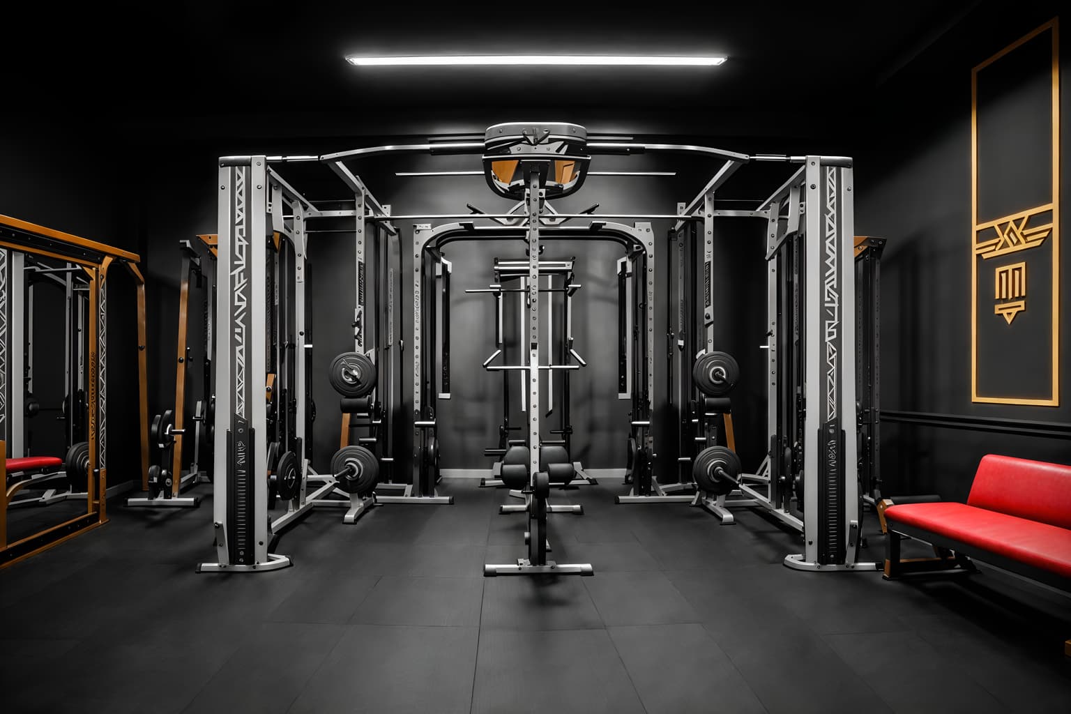 art deco-style (fitness gym interior) with squat rack and crosstrainer and dumbbell stand and bench press and exercise bicycle and squat rack. . with decadent detail and glamour and stream-lined forms and smooth lines and bold geometry and luxury and geometric lines and angular shapes. . cinematic photo, highly detailed, cinematic lighting, ultra-detailed, ultrarealistic, photorealism, 8k. art deco interior design style. masterpiece, cinematic light, ultrarealistic+, photorealistic+, 8k, raw photo, realistic, sharp focus on eyes, (symmetrical eyes), (intact eyes), hyperrealistic, highest quality, best quality, , highly detailed, masterpiece, best quality, extremely detailed 8k wallpaper, masterpiece, best quality, ultra-detailed, best shadow, detailed background, detailed face, detailed eyes, high contrast, best illumination, detailed face, dulux, caustic, dynamic angle, detailed glow. dramatic lighting. highly detailed, insanely detailed hair, symmetrical, intricate details, professionally retouched, 8k high definition. strong bokeh. award winning photo.