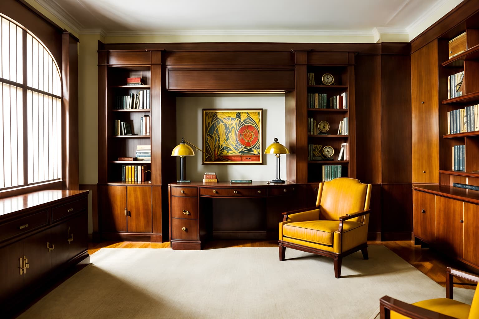 art deco-style (study room interior) with writing desk and cabinets and bookshelves and lounge chair and plant and office chair and desk lamp and writing desk. . with decadent detail and smooth lines and bright and cheerful colors and rich colors and symmetrical designs and stream-lined forms and bold geometry and angular shapes. . cinematic photo, highly detailed, cinematic lighting, ultra-detailed, ultrarealistic, photorealism, 8k. art deco interior design style. masterpiece, cinematic light, ultrarealistic+, photorealistic+, 8k, raw photo, realistic, sharp focus on eyes, (symmetrical eyes), (intact eyes), hyperrealistic, highest quality, best quality, , highly detailed, masterpiece, best quality, extremely detailed 8k wallpaper, masterpiece, best quality, ultra-detailed, best shadow, detailed background, detailed face, detailed eyes, high contrast, best illumination, detailed face, dulux, caustic, dynamic angle, detailed glow. dramatic lighting. highly detailed, insanely detailed hair, symmetrical, intricate details, professionally retouched, 8k high definition. strong bokeh. award winning photo.