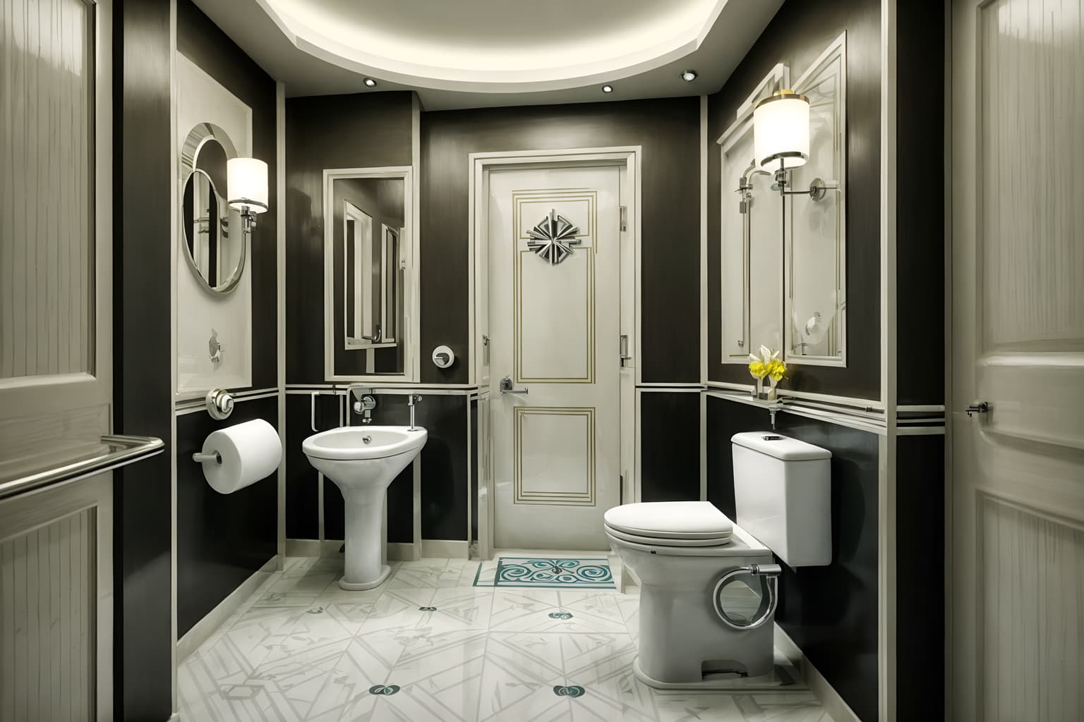 art deco-style (toilet interior) with toilet paper hanger and sink with tap and toilet with toilet seat up and toilet paper hanger. . with exuberant shapes and smooth lines and bold geometry and glamour and luxury and bright and cheerful colors and geometric shapes and symmetrical designs. . cinematic photo, highly detailed, cinematic lighting, ultra-detailed, ultrarealistic, photorealism, 8k. art deco interior design style. masterpiece, cinematic light, ultrarealistic+, photorealistic+, 8k, raw photo, realistic, sharp focus on eyes, (symmetrical eyes), (intact eyes), hyperrealistic, highest quality, best quality, , highly detailed, masterpiece, best quality, extremely detailed 8k wallpaper, masterpiece, best quality, ultra-detailed, best shadow, detailed background, detailed face, detailed eyes, high contrast, best illumination, detailed face, dulux, caustic, dynamic angle, detailed glow. dramatic lighting. highly detailed, insanely detailed hair, symmetrical, intricate details, professionally retouched, 8k high definition. strong bokeh. award winning photo.