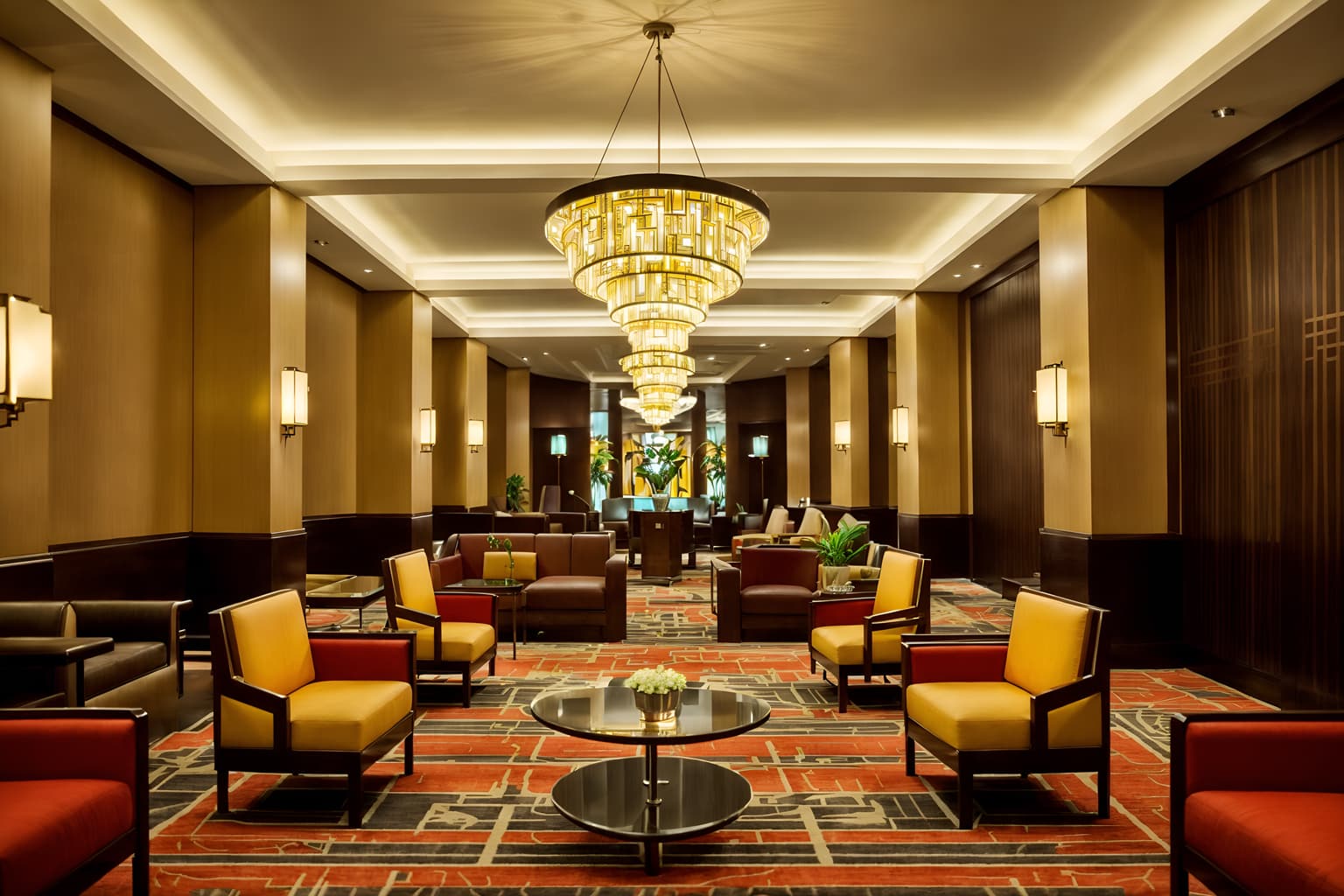 art deco-style (hotel lobby interior) with sofas and rug and lounge chairs and check in desk and plant and hanging lamps and coffee tables and furniture. . with stream-lined forms and bright and cheerful colors and abstract patterns and luxury and angular shapes and rich colors and smooth lines and symmetrical designs. . cinematic photo, highly detailed, cinematic lighting, ultra-detailed, ultrarealistic, photorealism, 8k. art deco interior design style. masterpiece, cinematic light, ultrarealistic+, photorealistic+, 8k, raw photo, realistic, sharp focus on eyes, (symmetrical eyes), (intact eyes), hyperrealistic, highest quality, best quality, , highly detailed, masterpiece, best quality, extremely detailed 8k wallpaper, masterpiece, best quality, ultra-detailed, best shadow, detailed background, detailed face, detailed eyes, high contrast, best illumination, detailed face, dulux, caustic, dynamic angle, detailed glow. dramatic lighting. highly detailed, insanely detailed hair, symmetrical, intricate details, professionally retouched, 8k high definition. strong bokeh. award winning photo.