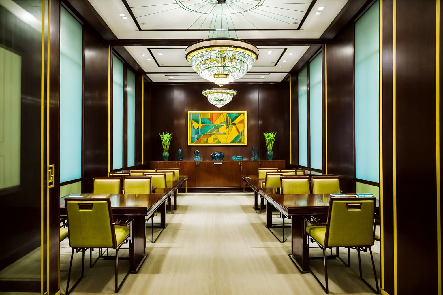 art deco-style (meeting room interior) with glass doors and glass walls and cabinets and vase and boardroom table and plant and office chairs and painting or photo on wall. . with stream-lined forms and exuberant shapes and geometric shapes and abstract patterns and bright and cheerful colors and angular shapes and rich colors and glamour. . cinematic photo, highly detailed, cinematic lighting, ultra-detailed, ultrarealistic, photorealism, 8k. art deco interior design style. masterpiece, cinematic light, ultrarealistic+, photorealistic+, 8k, raw photo, realistic, sharp focus on eyes, (symmetrical eyes), (intact eyes), hyperrealistic, highest quality, best quality, , highly detailed, masterpiece, best quality, extremely detailed 8k wallpaper, masterpiece, best quality, ultra-detailed, best shadow, detailed background, detailed face, detailed eyes, high contrast, best illumination, detailed face, dulux, caustic, dynamic angle, detailed glow. dramatic lighting. highly detailed, insanely detailed hair, symmetrical, intricate details, professionally retouched, 8k high definition. strong bokeh. award winning photo.