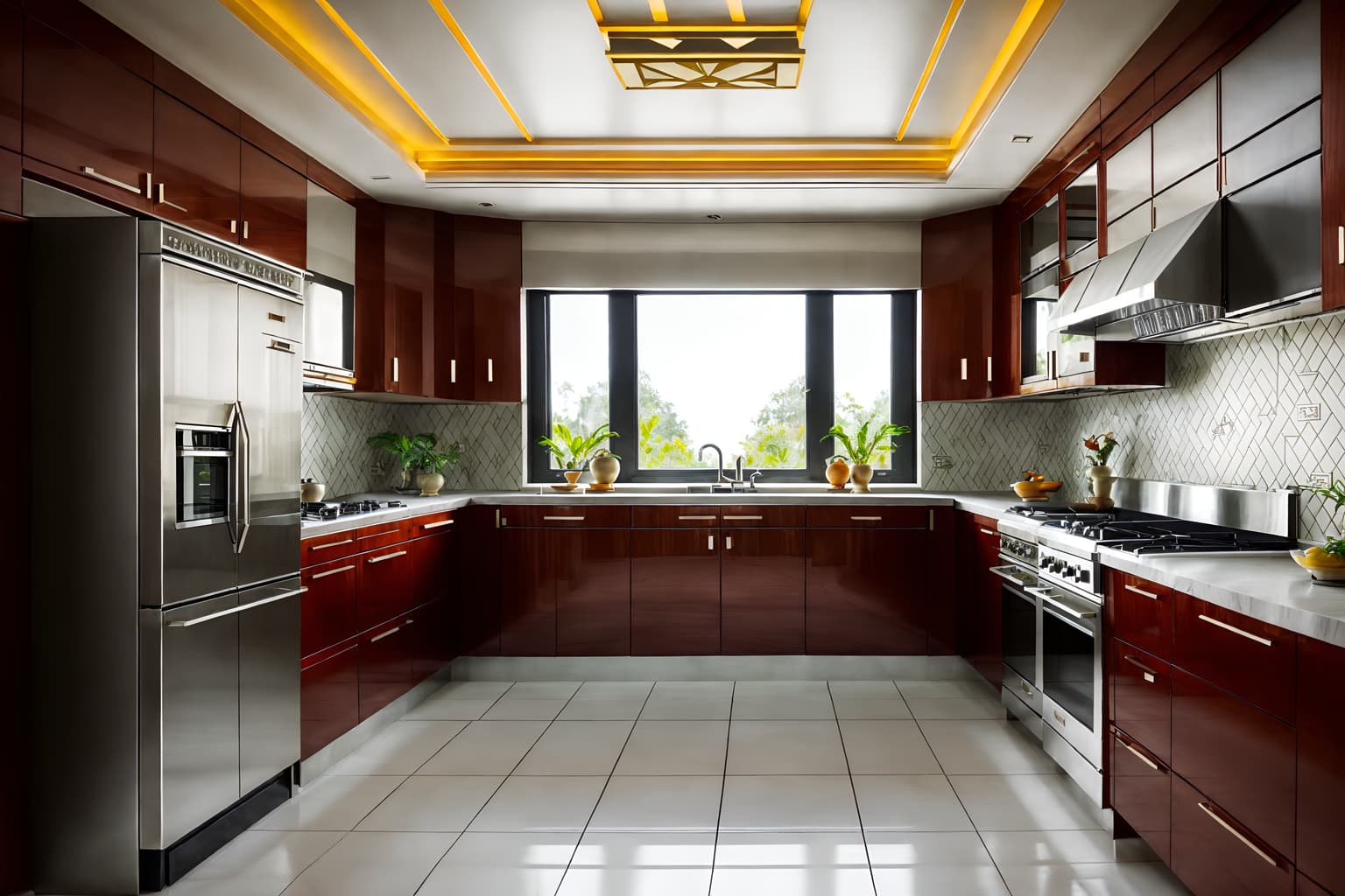 art deco-style (kitchen interior) with worktops and plant and sink and refrigerator and stove and kitchen cabinets and worktops. . with decadent detail and angular shapes and geometric lines and stream-lined forms and rich colors and luxury and symmetrical designs and bright and cheerful colors. . cinematic photo, highly detailed, cinematic lighting, ultra-detailed, ultrarealistic, photorealism, 8k. art deco interior design style. masterpiece, cinematic light, ultrarealistic+, photorealistic+, 8k, raw photo, realistic, sharp focus on eyes, (symmetrical eyes), (intact eyes), hyperrealistic, highest quality, best quality, , highly detailed, masterpiece, best quality, extremely detailed 8k wallpaper, masterpiece, best quality, ultra-detailed, best shadow, detailed background, detailed face, detailed eyes, high contrast, best illumination, detailed face, dulux, caustic, dynamic angle, detailed glow. dramatic lighting. highly detailed, insanely detailed hair, symmetrical, intricate details, professionally retouched, 8k high definition. strong bokeh. award winning photo.