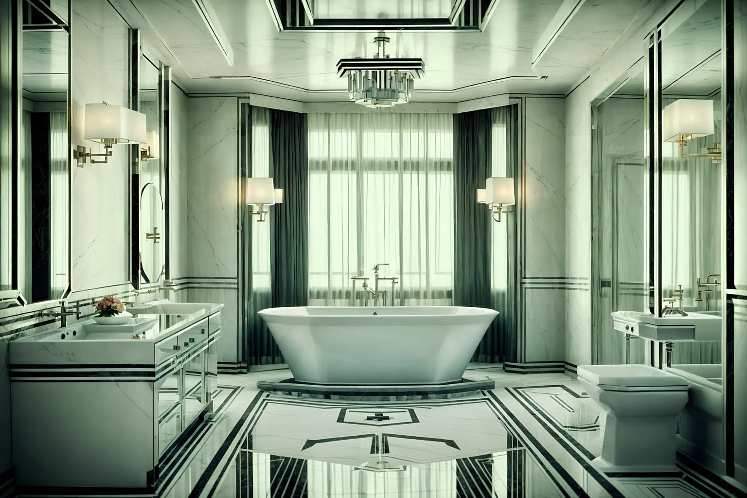 art deco-style (hotel bathroom interior) with mirror and bathroom sink with faucet and waste basket and bath rail and bathroom cabinet and shower and toilet seat and bath towel. . with angular shapes and glamour and luxury and geometric shapes and geometric lines and smooth lines and exuberant shapes and abstract patterns. . cinematic photo, highly detailed, cinematic lighting, ultra-detailed, ultrarealistic, photorealism, 8k. art deco interior design style. masterpiece, cinematic light, ultrarealistic+, photorealistic+, 8k, raw photo, realistic, sharp focus on eyes, (symmetrical eyes), (intact eyes), hyperrealistic, highest quality, best quality, , highly detailed, masterpiece, best quality, extremely detailed 8k wallpaper, masterpiece, best quality, ultra-detailed, best shadow, detailed background, detailed face, detailed eyes, high contrast, best illumination, detailed face, dulux, caustic, dynamic angle, detailed glow. dramatic lighting. highly detailed, insanely detailed hair, symmetrical, intricate details, professionally retouched, 8k high definition. strong bokeh. award winning photo.