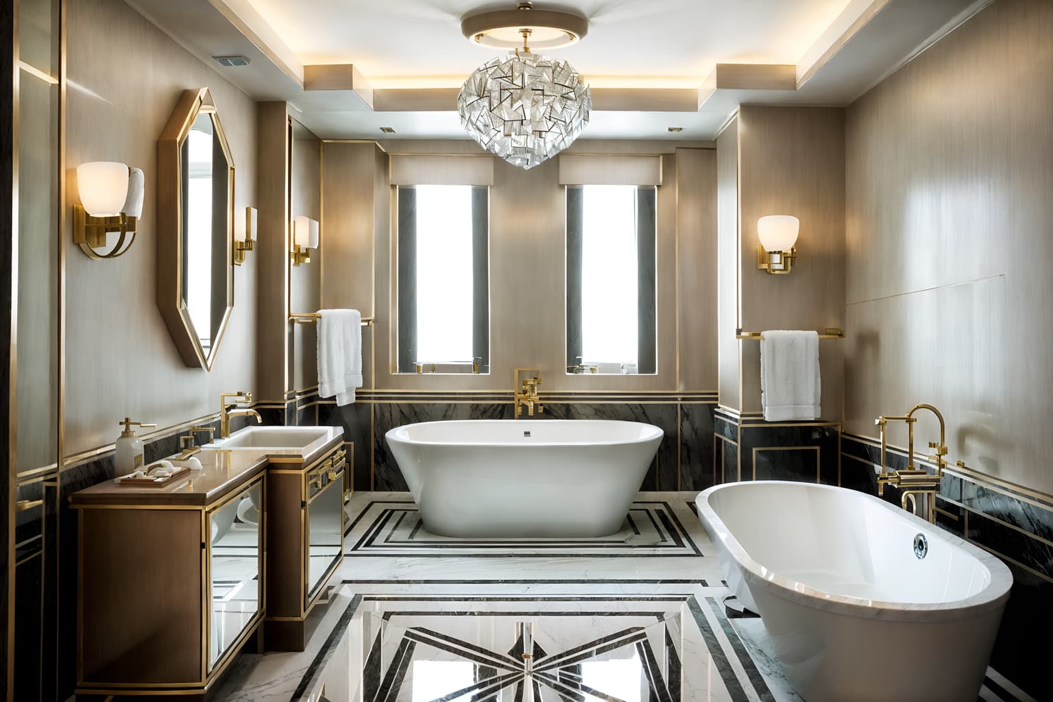 art deco-style (hotel bathroom interior) with mirror and bathroom sink with faucet and waste basket and bath rail and bathroom cabinet and shower and toilet seat and bath towel. . with angular shapes and glamour and luxury and geometric shapes and geometric lines and smooth lines and exuberant shapes and abstract patterns. . cinematic photo, highly detailed, cinematic lighting, ultra-detailed, ultrarealistic, photorealism, 8k. art deco interior design style. masterpiece, cinematic light, ultrarealistic+, photorealistic+, 8k, raw photo, realistic, sharp focus on eyes, (symmetrical eyes), (intact eyes), hyperrealistic, highest quality, best quality, , highly detailed, masterpiece, best quality, extremely detailed 8k wallpaper, masterpiece, best quality, ultra-detailed, best shadow, detailed background, detailed face, detailed eyes, high contrast, best illumination, detailed face, dulux, caustic, dynamic angle, detailed glow. dramatic lighting. highly detailed, insanely detailed hair, symmetrical, intricate details, professionally retouched, 8k high definition. strong bokeh. award winning photo.