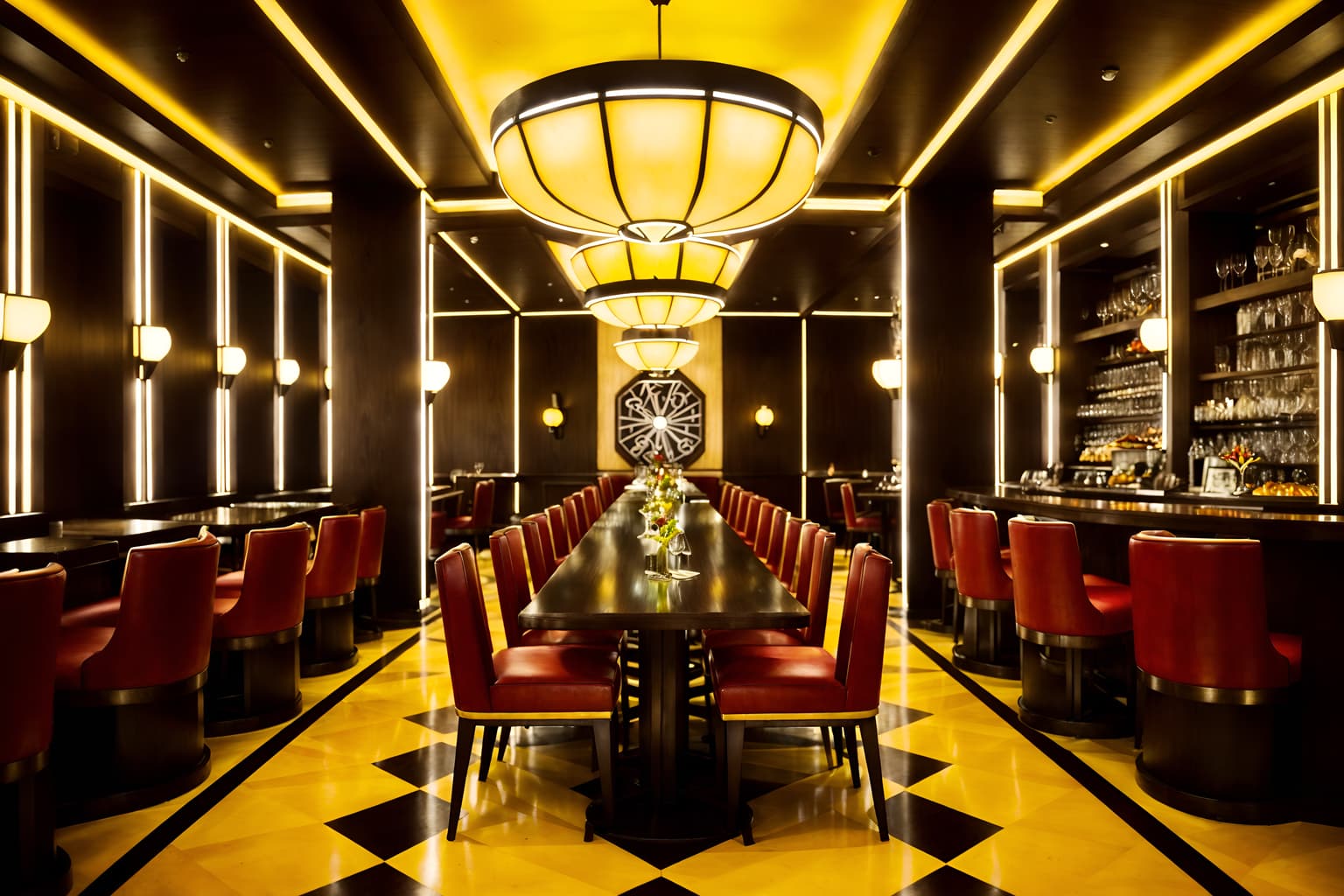 art deco-style (restaurant interior) with restaurant bar and restaurant dining tables and restaurant chairs and restaurant decor and restaurant bar. . with exuberant shapes and geometric shapes and bright and cheerful colors and abstract patterns and smooth lines and angular shapes and bold geometry and luxury. . cinematic photo, highly detailed, cinematic lighting, ultra-detailed, ultrarealistic, photorealism, 8k. art deco interior design style. masterpiece, cinematic light, ultrarealistic+, photorealistic+, 8k, raw photo, realistic, sharp focus on eyes, (symmetrical eyes), (intact eyes), hyperrealistic, highest quality, best quality, , highly detailed, masterpiece, best quality, extremely detailed 8k wallpaper, masterpiece, best quality, ultra-detailed, best shadow, detailed background, detailed face, detailed eyes, high contrast, best illumination, detailed face, dulux, caustic, dynamic angle, detailed glow. dramatic lighting. highly detailed, insanely detailed hair, symmetrical, intricate details, professionally retouched, 8k high definition. strong bokeh. award winning photo.