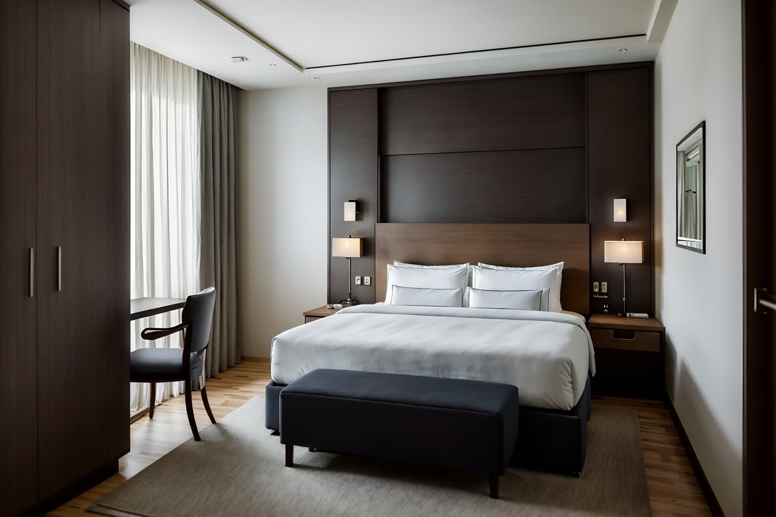 simple-style (hotel room interior) with mirror and hotel bathroom and accent chair and headboard and dresser closet and storage bench or ottoman and night light and working desk with desk chair. . . cinematic photo, highly detailed, cinematic lighting, ultra-detailed, ultrarealistic, photorealism, 8k. simple interior design style. masterpiece, cinematic light, ultrarealistic+, photorealistic+, 8k, raw photo, realistic, sharp focus on eyes, (symmetrical eyes), (intact eyes), hyperrealistic, highest quality, best quality, , highly detailed, masterpiece, best quality, extremely detailed 8k wallpaper, masterpiece, best quality, ultra-detailed, best shadow, detailed background, detailed face, detailed eyes, high contrast, best illumination, detailed face, dulux, caustic, dynamic angle, detailed glow. dramatic lighting. highly detailed, insanely detailed hair, symmetrical, intricate details, professionally retouched, 8k high definition. strong bokeh. award winning photo.
