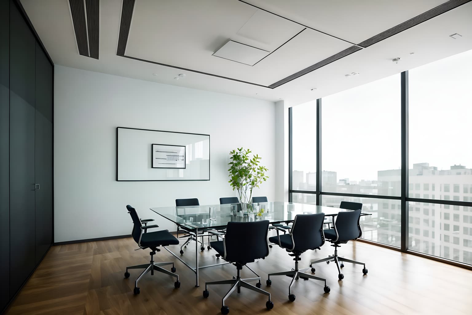 simple-style (meeting room interior) with boardroom table and plant and vase and glass walls and painting or photo on wall and glass doors and office chairs and cabinets. . . cinematic photo, highly detailed, cinematic lighting, ultra-detailed, ultrarealistic, photorealism, 8k. simple interior design style. masterpiece, cinematic light, ultrarealistic+, photorealistic+, 8k, raw photo, realistic, sharp focus on eyes, (symmetrical eyes), (intact eyes), hyperrealistic, highest quality, best quality, , highly detailed, masterpiece, best quality, extremely detailed 8k wallpaper, masterpiece, best quality, ultra-detailed, best shadow, detailed background, detailed face, detailed eyes, high contrast, best illumination, detailed face, dulux, caustic, dynamic angle, detailed glow. dramatic lighting. highly detailed, insanely detailed hair, symmetrical, intricate details, professionally retouched, 8k high definition. strong bokeh. award winning photo.