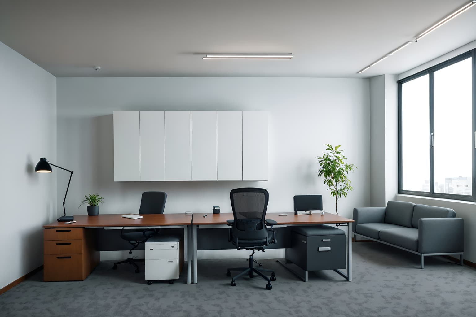 simple-style (office interior) with cabinets and office desks and desk lamps and office chairs and seating area with sofa and computer desks and lounge chairs and windows. . . cinematic photo, highly detailed, cinematic lighting, ultra-detailed, ultrarealistic, photorealism, 8k. simple interior design style. masterpiece, cinematic light, ultrarealistic+, photorealistic+, 8k, raw photo, realistic, sharp focus on eyes, (symmetrical eyes), (intact eyes), hyperrealistic, highest quality, best quality, , highly detailed, masterpiece, best quality, extremely detailed 8k wallpaper, masterpiece, best quality, ultra-detailed, best shadow, detailed background, detailed face, detailed eyes, high contrast, best illumination, detailed face, dulux, caustic, dynamic angle, detailed glow. dramatic lighting. highly detailed, insanely detailed hair, symmetrical, intricate details, professionally retouched, 8k high definition. strong bokeh. award winning photo.