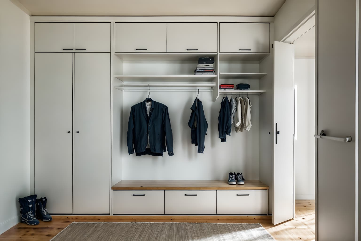 simple-style (drop zone interior) with shelves for shoes and lockers and high up storage and cabinets and cubbies and storage drawers and storage baskets and a bench. . . cinematic photo, highly detailed, cinematic lighting, ultra-detailed, ultrarealistic, photorealism, 8k. simple interior design style. masterpiece, cinematic light, ultrarealistic+, photorealistic+, 8k, raw photo, realistic, sharp focus on eyes, (symmetrical eyes), (intact eyes), hyperrealistic, highest quality, best quality, , highly detailed, masterpiece, best quality, extremely detailed 8k wallpaper, masterpiece, best quality, ultra-detailed, best shadow, detailed background, detailed face, detailed eyes, high contrast, best illumination, detailed face, dulux, caustic, dynamic angle, detailed glow. dramatic lighting. highly detailed, insanely detailed hair, symmetrical, intricate details, professionally retouched, 8k high definition. strong bokeh. award winning photo.