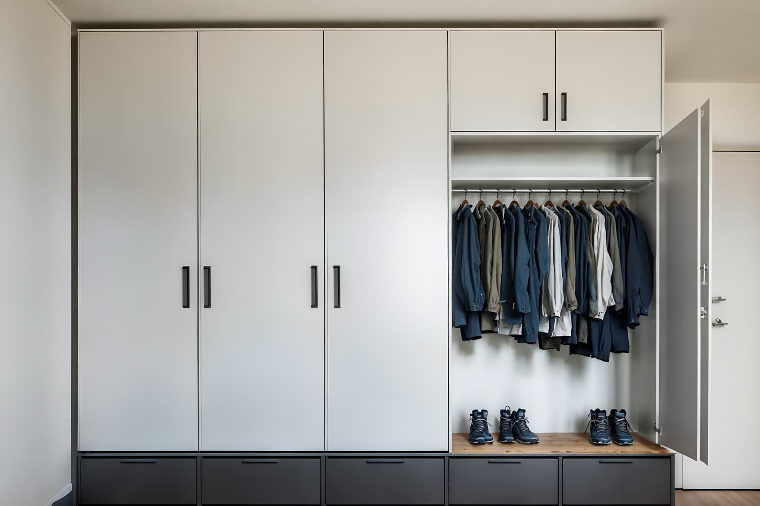 simple-style (drop zone interior) with shelves for shoes and lockers and high up storage and cabinets and cubbies and storage drawers and storage baskets and a bench. . . cinematic photo, highly detailed, cinematic lighting, ultra-detailed, ultrarealistic, photorealism, 8k. simple interior design style. masterpiece, cinematic light, ultrarealistic+, photorealistic+, 8k, raw photo, realistic, sharp focus on eyes, (symmetrical eyes), (intact eyes), hyperrealistic, highest quality, best quality, , highly detailed, masterpiece, best quality, extremely detailed 8k wallpaper, masterpiece, best quality, ultra-detailed, best shadow, detailed background, detailed face, detailed eyes, high contrast, best illumination, detailed face, dulux, caustic, dynamic angle, detailed glow. dramatic lighting. highly detailed, insanely detailed hair, symmetrical, intricate details, professionally retouched, 8k high definition. strong bokeh. award winning photo.