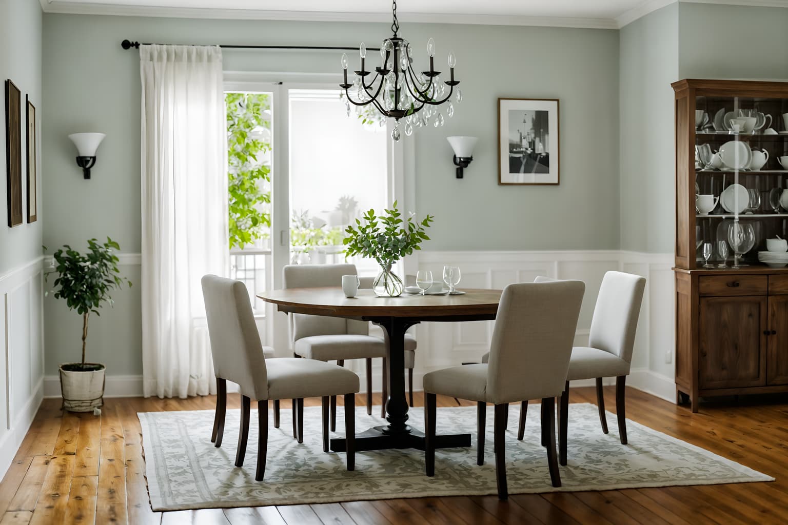 simple-style (dining room interior) with plates, cutlery and glasses on dining table and bookshelves and dining table and painting or photo on wall and vase and plant and light or chandelier and table cloth. . . cinematic photo, highly detailed, cinematic lighting, ultra-detailed, ultrarealistic, photorealism, 8k. simple interior design style. masterpiece, cinematic light, ultrarealistic+, photorealistic+, 8k, raw photo, realistic, sharp focus on eyes, (symmetrical eyes), (intact eyes), hyperrealistic, highest quality, best quality, , highly detailed, masterpiece, best quality, extremely detailed 8k wallpaper, masterpiece, best quality, ultra-detailed, best shadow, detailed background, detailed face, detailed eyes, high contrast, best illumination, detailed face, dulux, caustic, dynamic angle, detailed glow. dramatic lighting. highly detailed, insanely detailed hair, symmetrical, intricate details, professionally retouched, 8k high definition. strong bokeh. award winning photo.